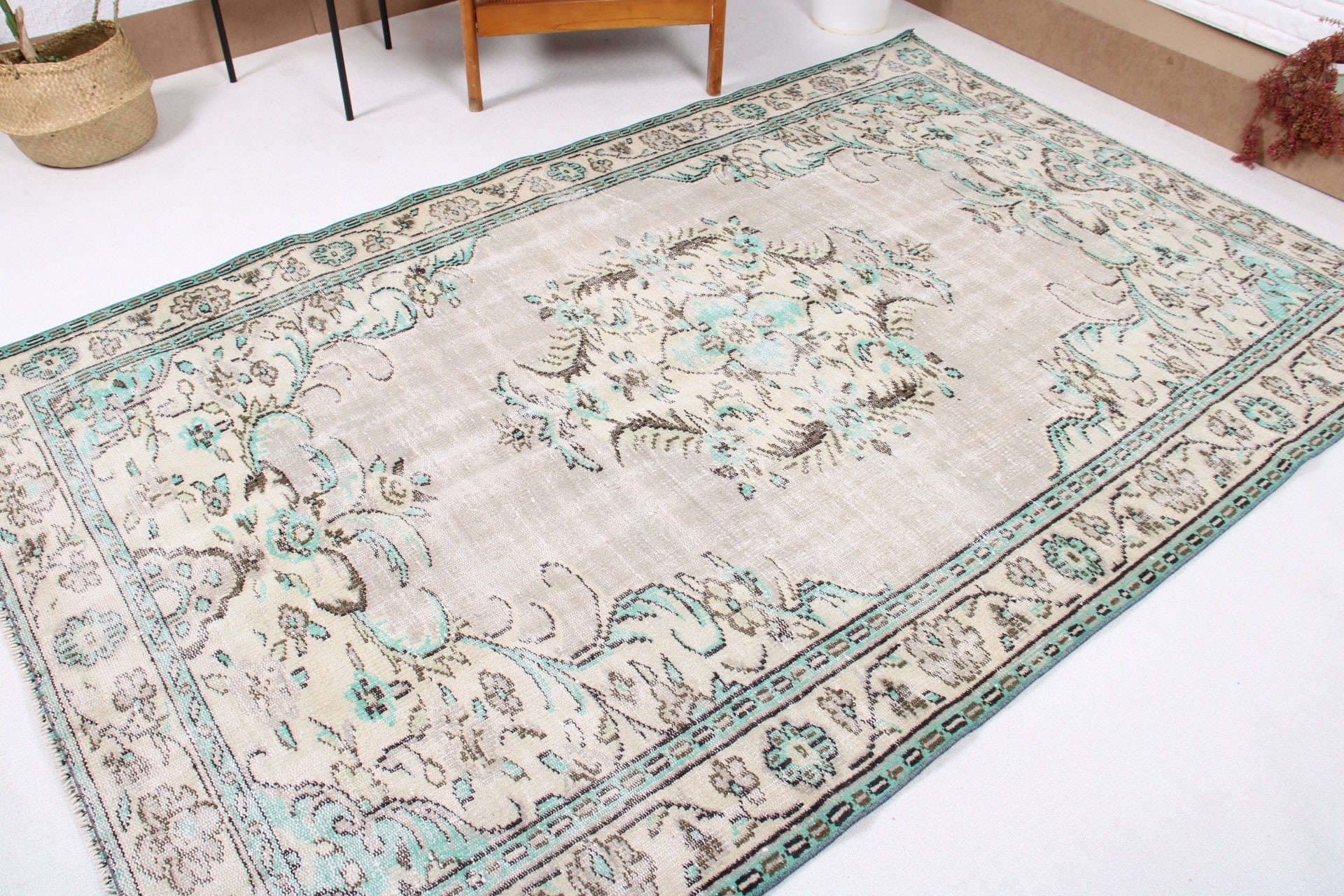 El Dokuma Halı, 5.5x8.8 ft Büyük Halılar, Yeşil Zemin Halısı, Büyük Boho Halıları, Yemek Odası Halıları, Vintage Halı, Boho Halıları, Türk Halısı, Nötr Halılar