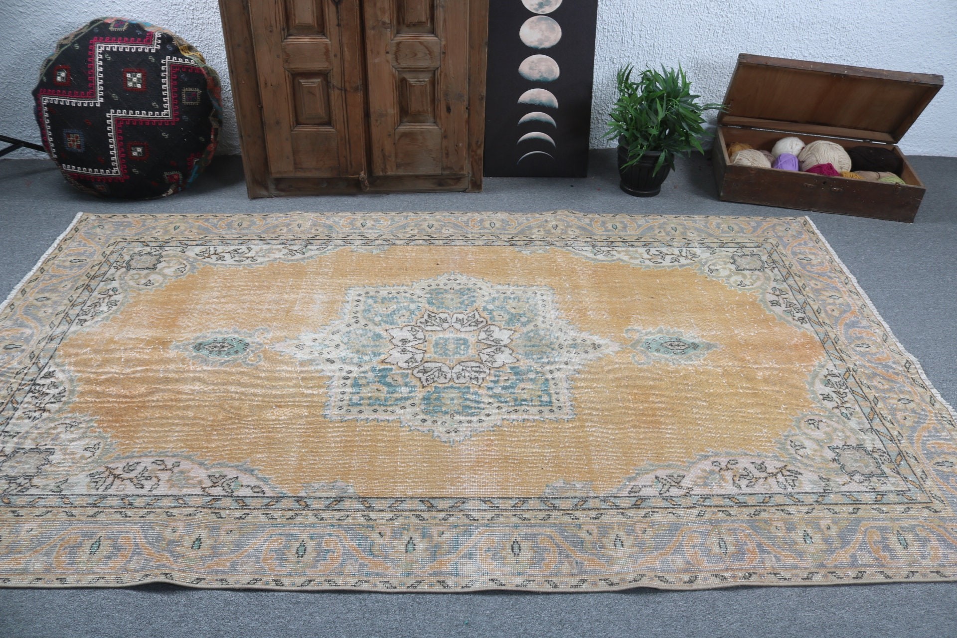 5.1x8.6 ft Büyük Halılar, Ofis Halısı, Açıklama Halısı, Yün Halısı, Türk Halıları, Büyük Boho Halısı, Sarı Açıklama Halıları, Yatak Odası Halıları, Vintage Halılar