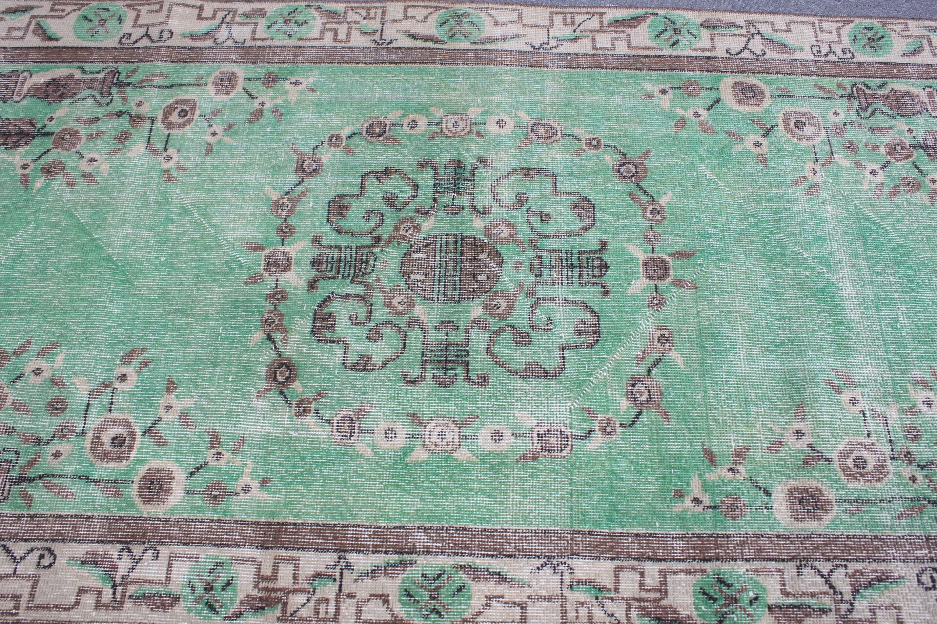 Yeşil Yün Halı, Vintage Halılar, Oushak Halı, Çocuk Halısı, 3,6x6,6 ft Accent Halı, Türk Halıları, Mutfak Halıları, Yer Halısı, Giriş Halıları