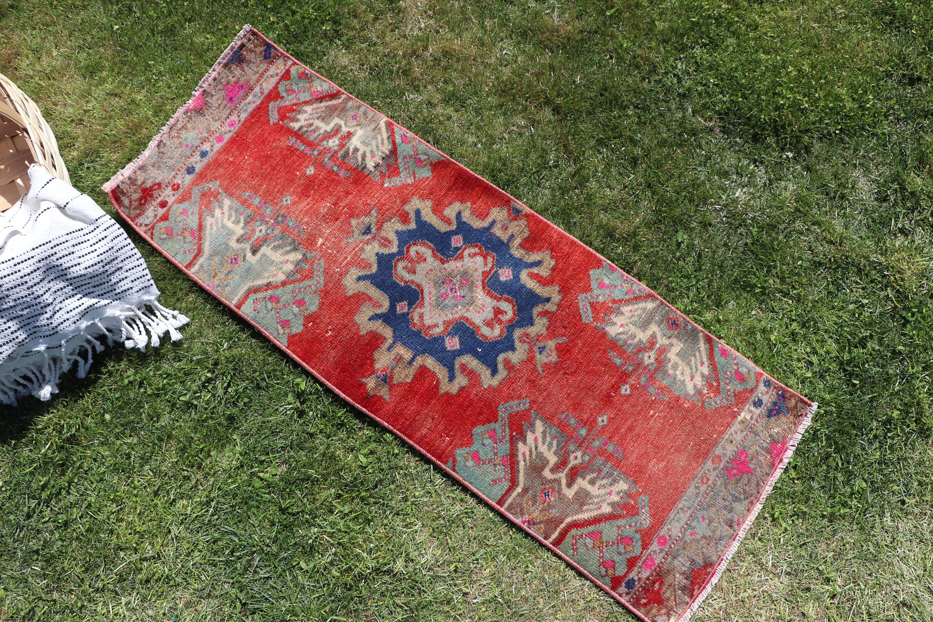 Vintage Rug, 1.3x3.5 ft Small Rugs, Car Mat Rug, Door Mat Rugs, Boho Rug, Turkish Rug, Rugs for Kitchen, Red Statement Rugs, Oriental Rugs