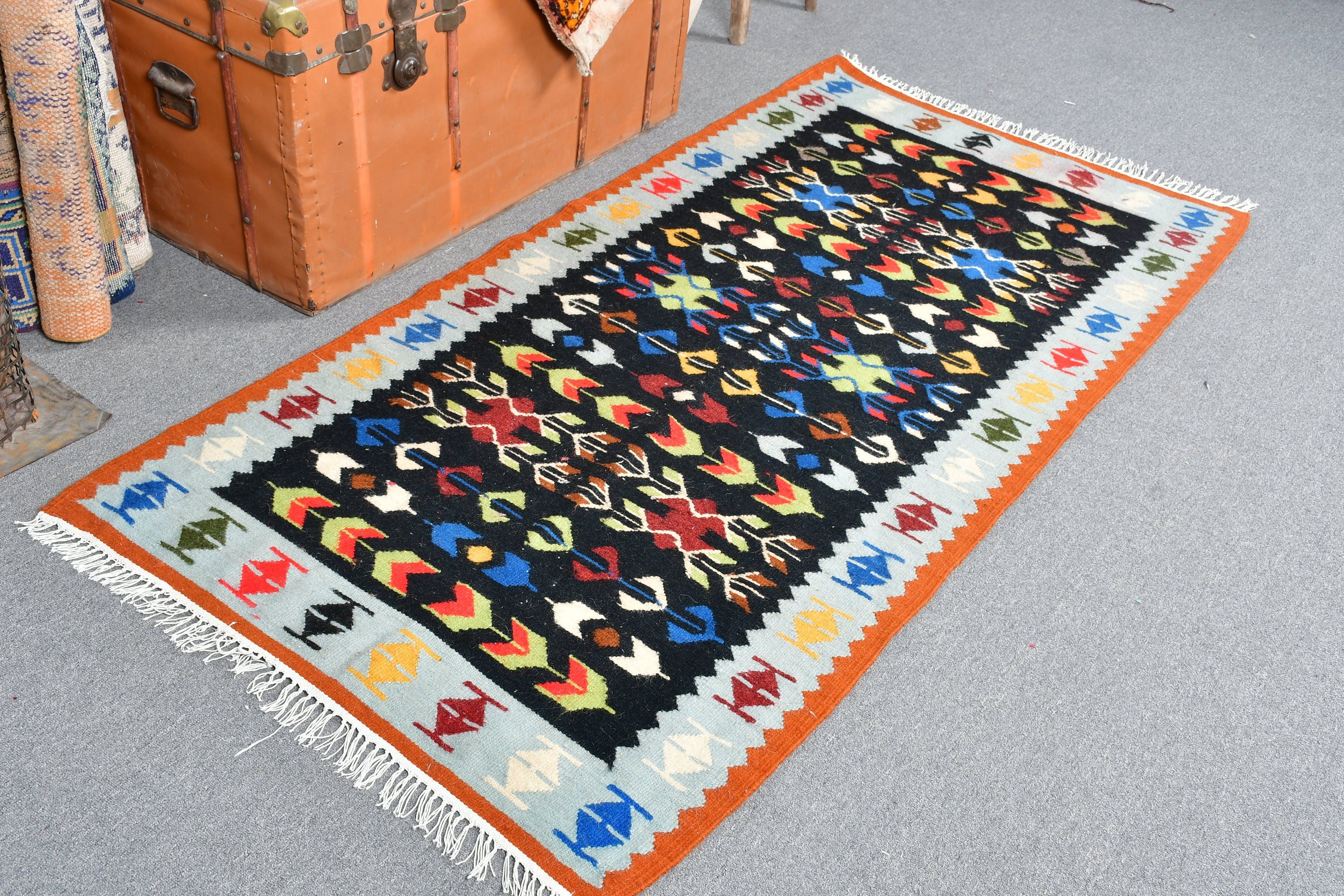 Boho Rug, Vintage Rug, Nursery Rug, Turkish Rug, Kilim, Anatolian Rug, Entry Rugs, Black  3.1x6.4 ft Accent Rugs