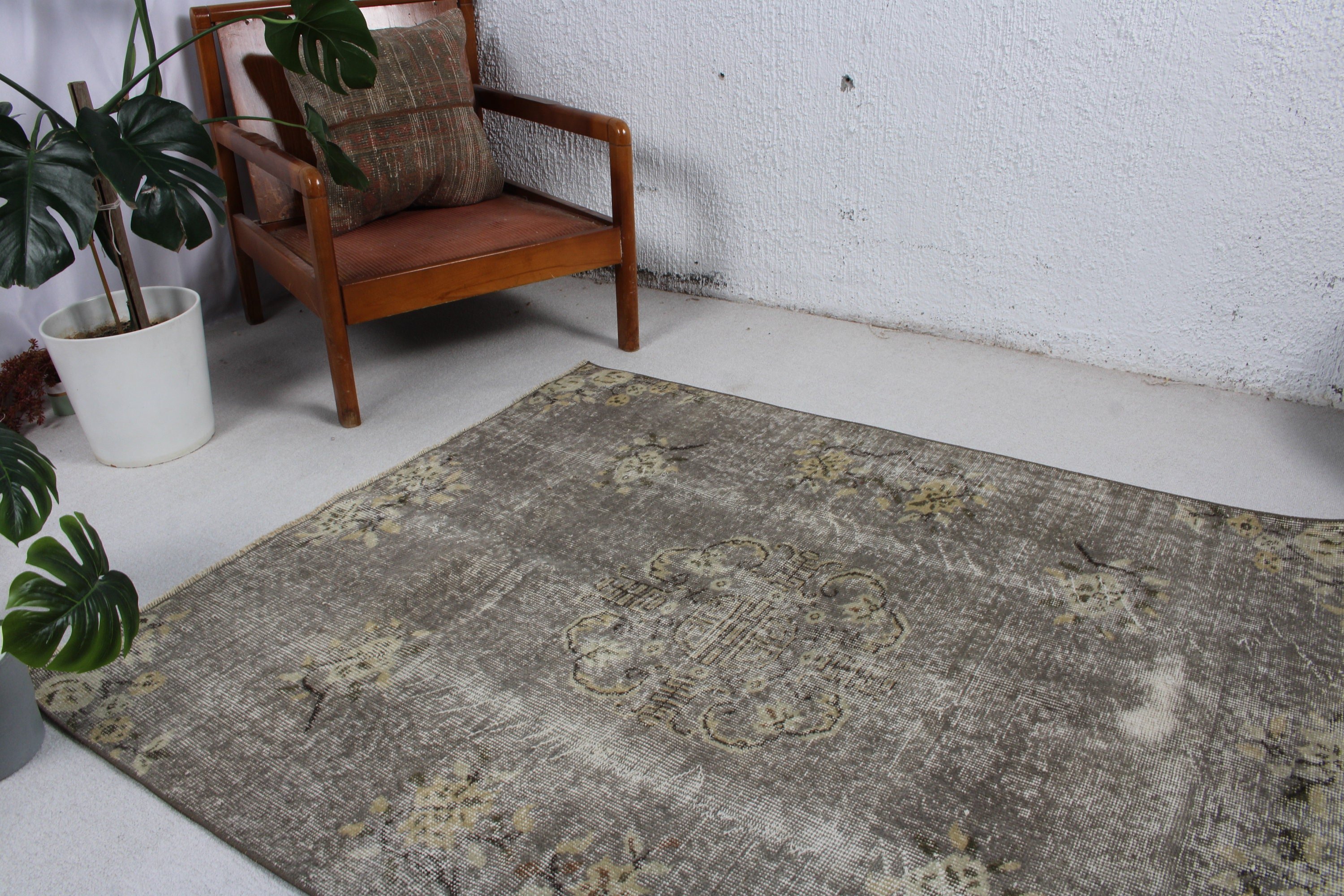 4.3x5 ft Accent Halılar, Anadolu Halısı, Gri Modern Halı, Türk Halısı, Vintage Halı, Egzotik Halı, Mutfak Halıları, Boho Accent Halı