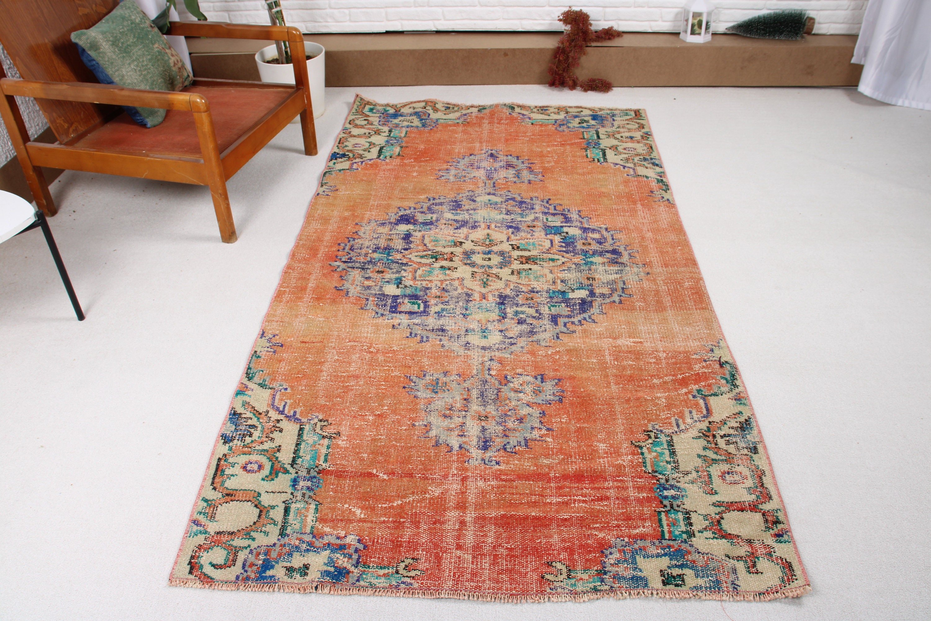 Wool Rug, Oushak Area Rugs, 4.2x7.4 ft Area Rugs, Kitchen Rug, Orange Home Decor Rug, Vintage Rugs, Bohemian Rug, Turkish Rugs, Floor Rug