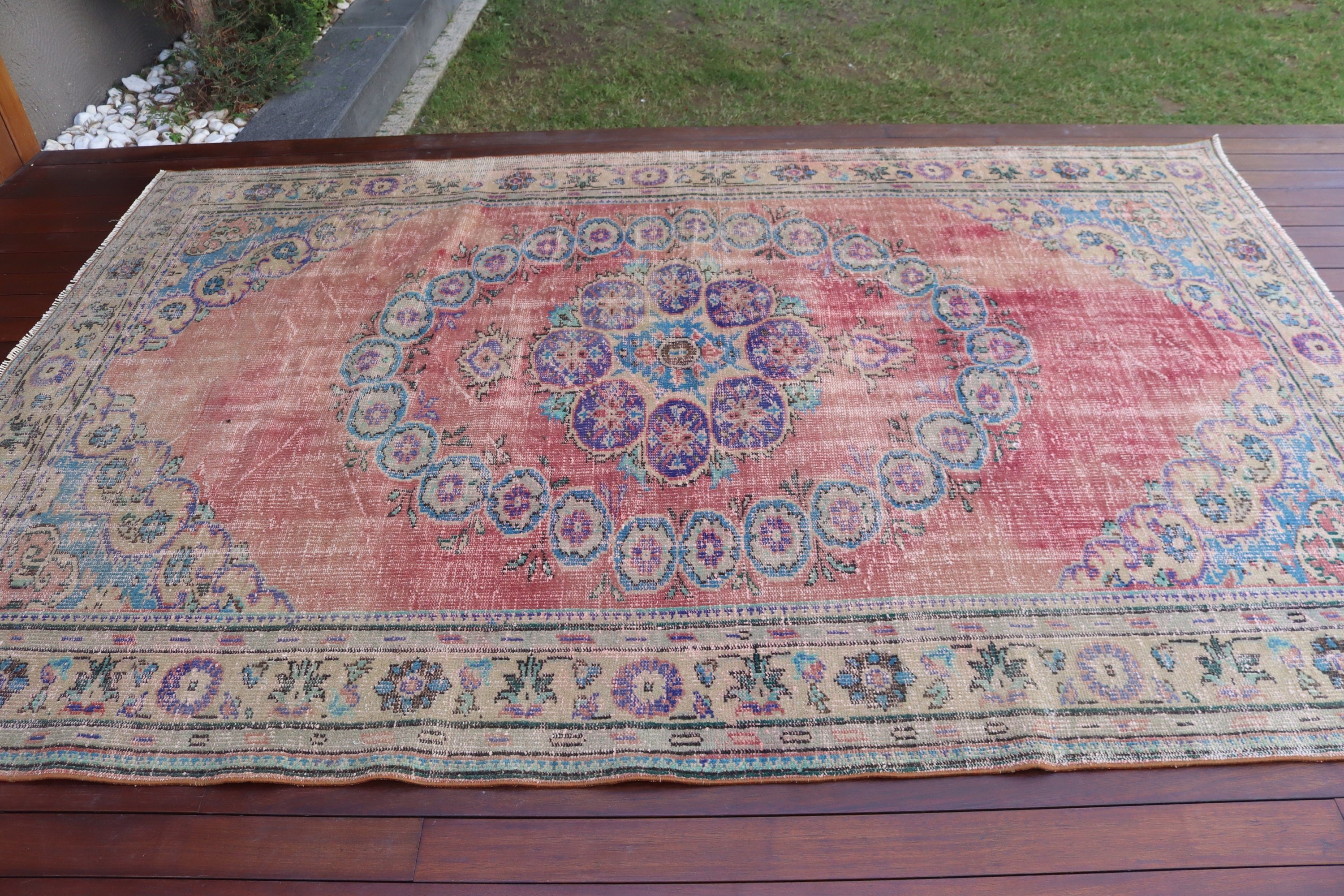 Yün Halı, Büyük Boho Halı, 6.1x9.1 ft Büyük Halılar, Türk Halıları, Büyük Oushak Halıları, Kırmızı Düz ​​Dokuma Halı, Vintage Halılar