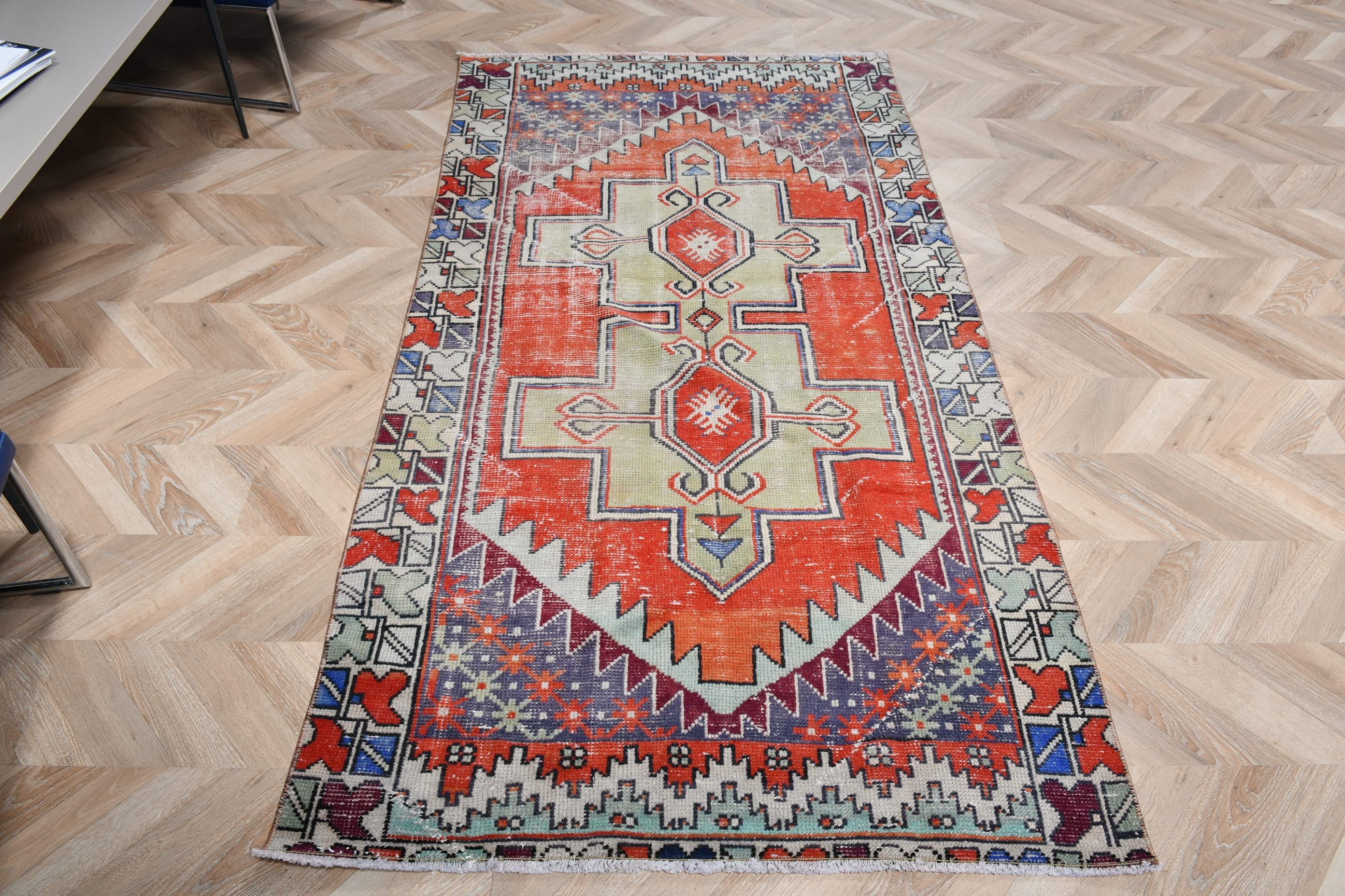 Turkish Rug, Vintage Rug, Cool Rugs, Red Wool Rug, Rugs for Floor, Abstract Rug, 3.7x7.1 ft Area Rugs, Living Room Rug
