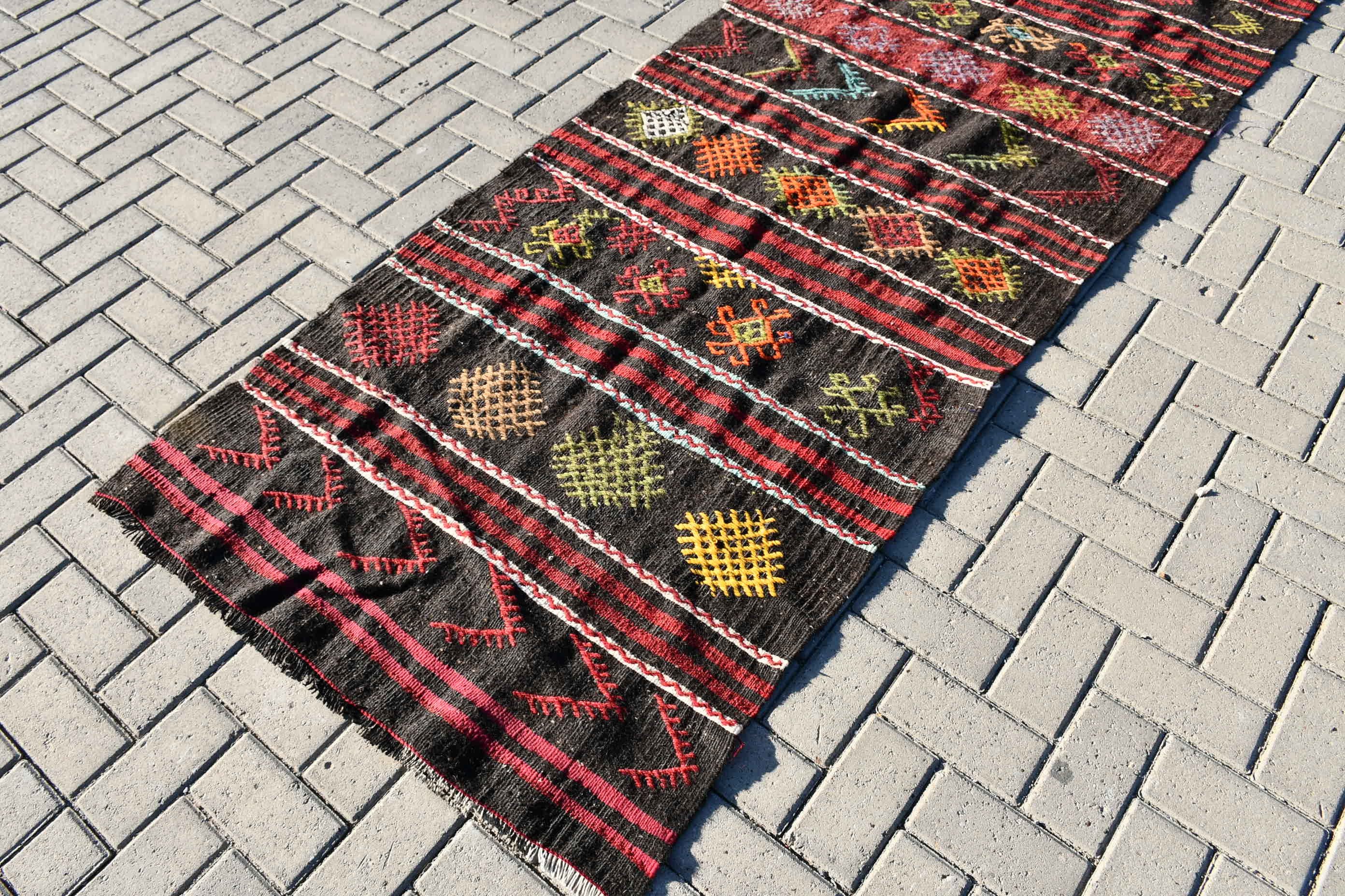 3.3x10.8 ft Runner Rugs, Vintage Rug, Corridor Rug, Floor Rug, Rugs for Runner, Black Wool Rugs, Oushak Rug, Turkish Rug, Stair Rug, Kilim