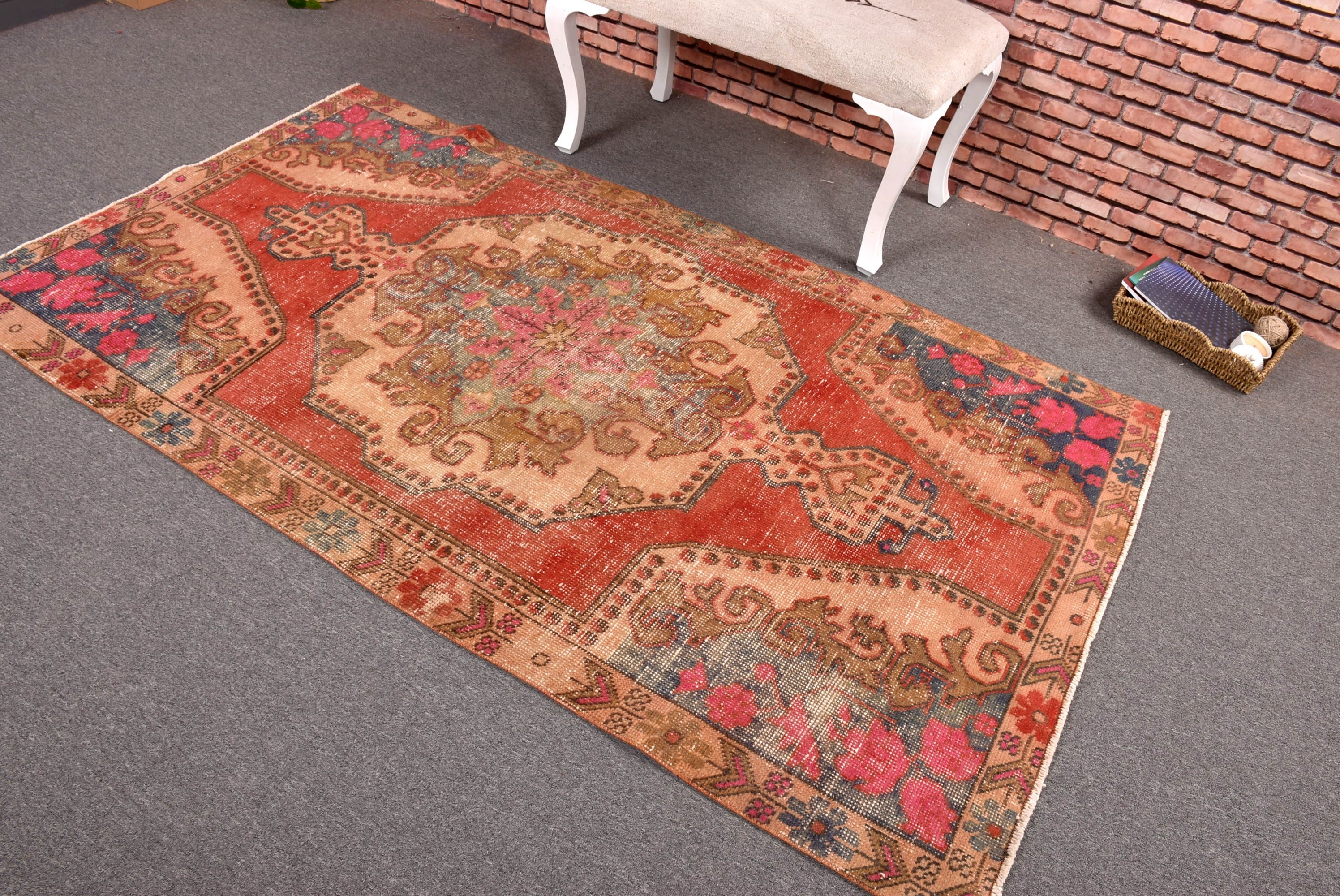 Vintage Halılar, Türk Halıları, Açıklama Halıları, Kırmızı Fas Halısı, 4.1x7 ft Alan Halısı, Vintage Alan Halıları, Boho Alan Halıları, Geometrik Halılar