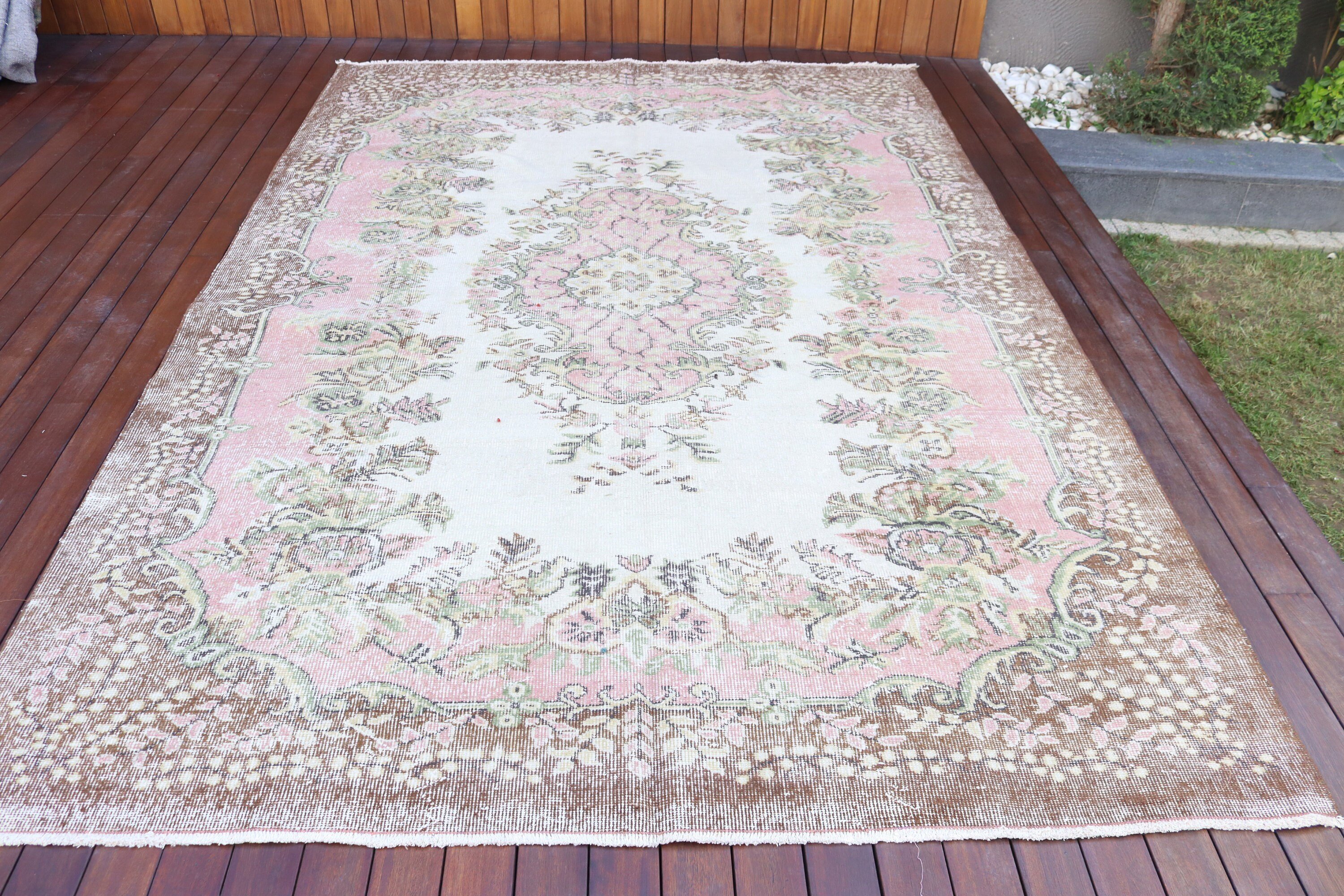 Bej Anadolu Halısı, Büyük Vintage Halı, Büyük Oushak Halısı, Türk Halısı, Lüks Halı, Geometrik Halılar, Vintage Halılar, 6,4x9,6 ft Büyük Halılar