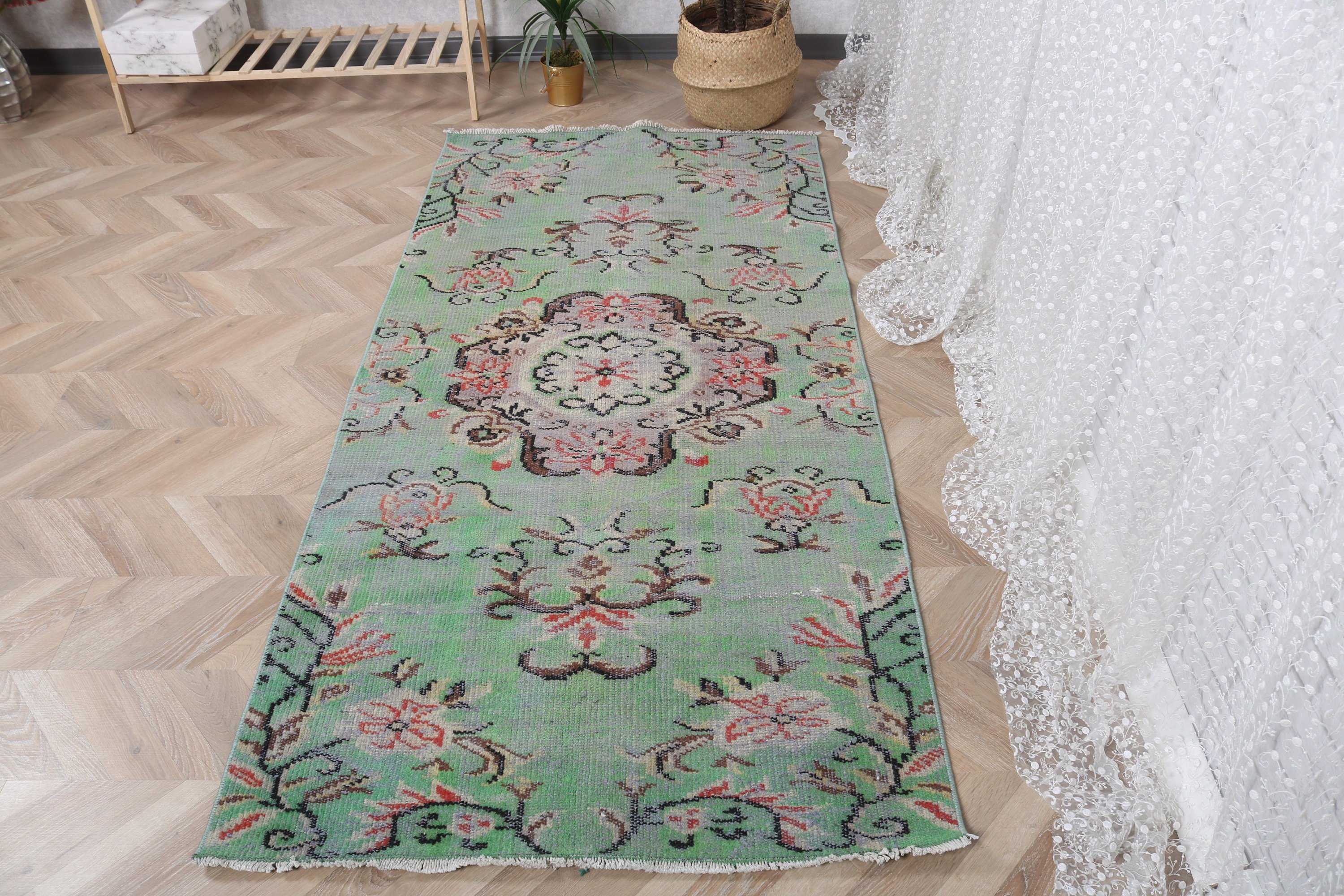 3.3x7 ft Aksan Halısı, Türk Halıları, Yatak Odası Halısı, Boho Halısı, Yeşil Boho Halısı, Dekoratif Halı, Vintage Halılar, Bohem Halıları, Vintage Vurgu Halıları