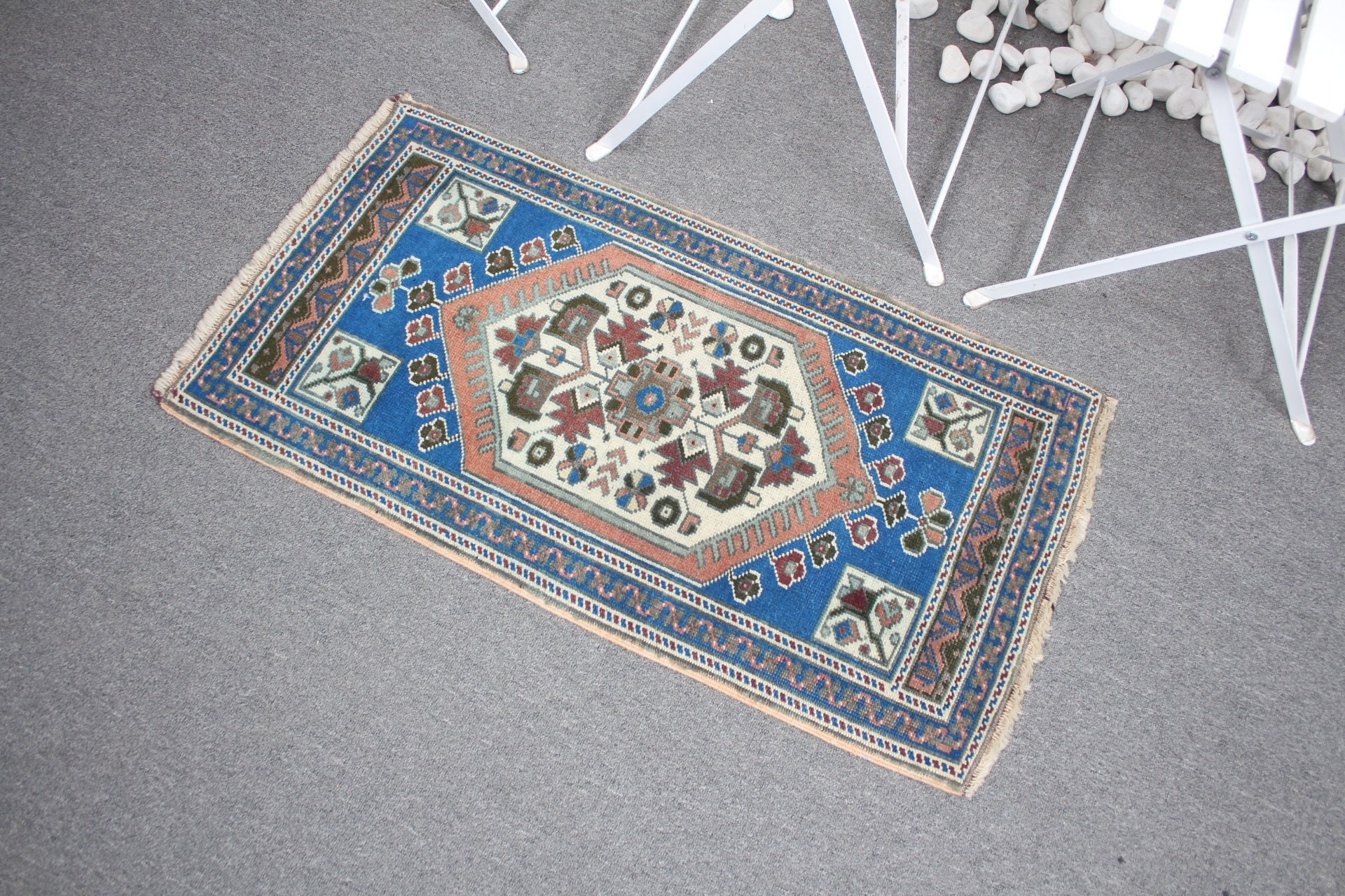 Sevimli Halı, Vintage Halı, Duvara Asılı Halı, Banyo Halısı, Türk Halısı, Mavi Yer Halısı, 1.7x3 ft Küçük Halı, Sanat Halıları, Yün Halı