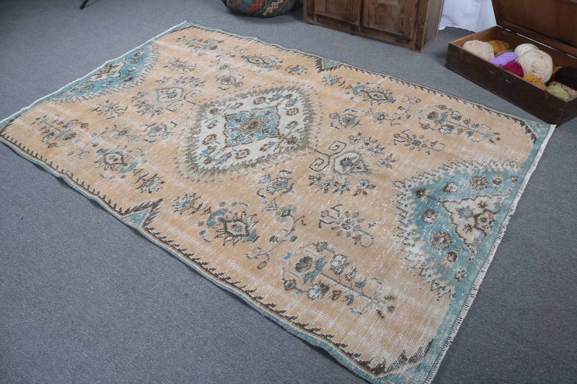 Salon Halıları, Vintage Halı, 5.1x8.2 ft Büyük Halı, El Dokuma Halı, Turuncu Antika Halılar, Yün Halılar, Büyük Boho Halı, Türk Halısı