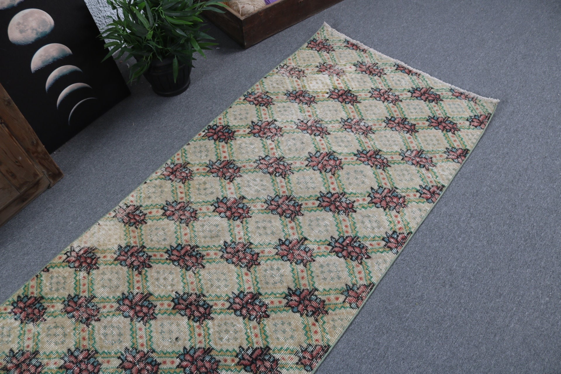 Yeşil El Dokuma Halılar, Vintage Halı, Boho Halı, Oryantal Halılar, Koridor Halıları, Türk Halıları, Koridor Halısı, Nötr Halı, 2,7x8,2 ft Yolluk Halıları