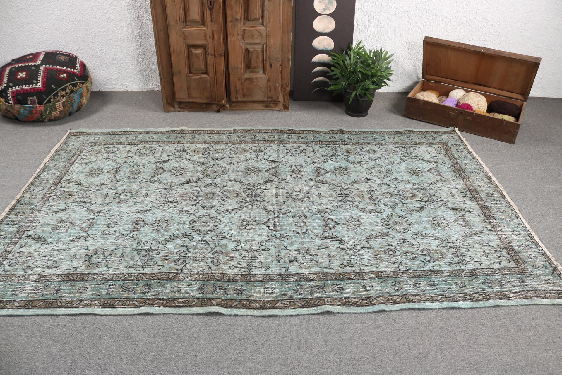 Büyük Vintage Halı, Yatak Odası Halısı, Vintage Halılar, Türk Halıları, Büyük Oushak Halısı, Oryantal Halılar, 5x8,3 ft Büyük Halı, Yeşil Antika Halı