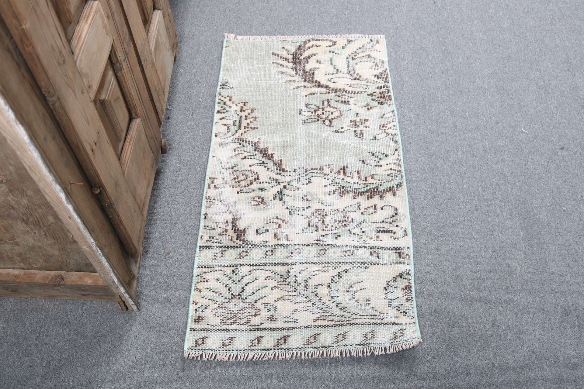 Vintage Halılar, Küçük Boho Halı, 1.6x3.1 ft Küçük Halılar, Türk Halısı, Yün Halılar, Küçük Alan Halıları, Yeşil Yün Halılar, Mutfak Halıları, Boho Halı