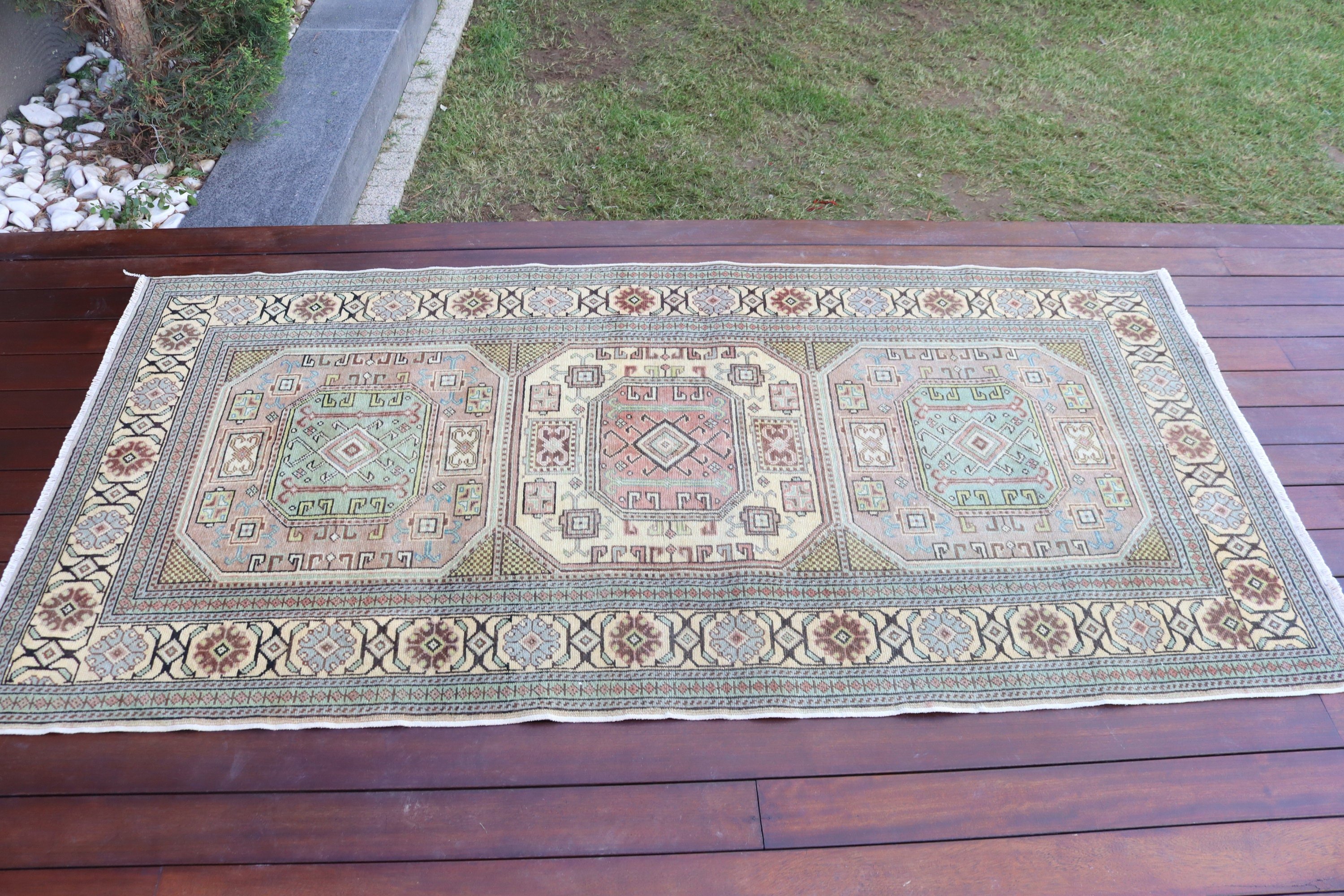 Türk Halıları, Nötr Halı, 3,2x6,3 ft Vurgulu Halılar, Sarı Anadolu Halısı, Dekoratif Halılar, Vintage Halılar, Dekoratif Halı, Düz Dokuma Halılar