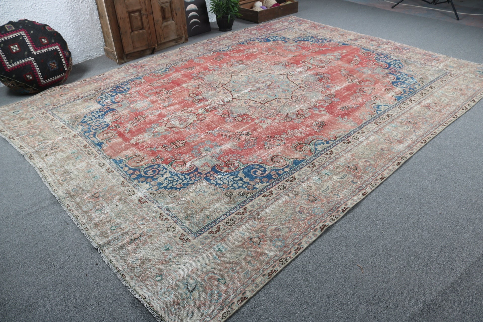 9.1x11.5 ft Büyük Boy Halılar, Büyük Boy Türk Halıları, Türk Halıları, El Dokuma Halıları, Dış Mekan Halısı, Düz Dokuma Halı, Vintage Halı, Kırmızı Antika Halılar