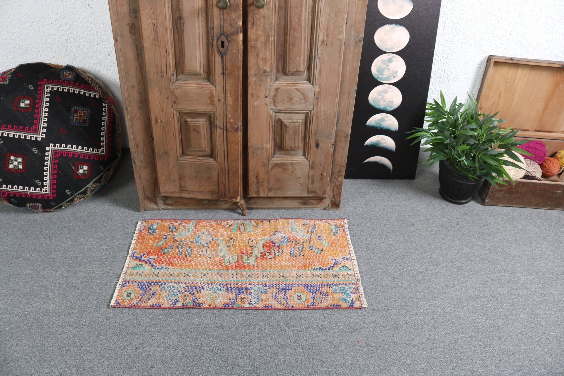 Boho Halılar, Vintage Halılar, Turuncu Havalı Halılar, Küçük Alan Halıları, 1,5x2,8 ft Küçük Halı, Oushak Halıları, Türk Halısı, Yatak Odası Halısı, El Yapımı Halı