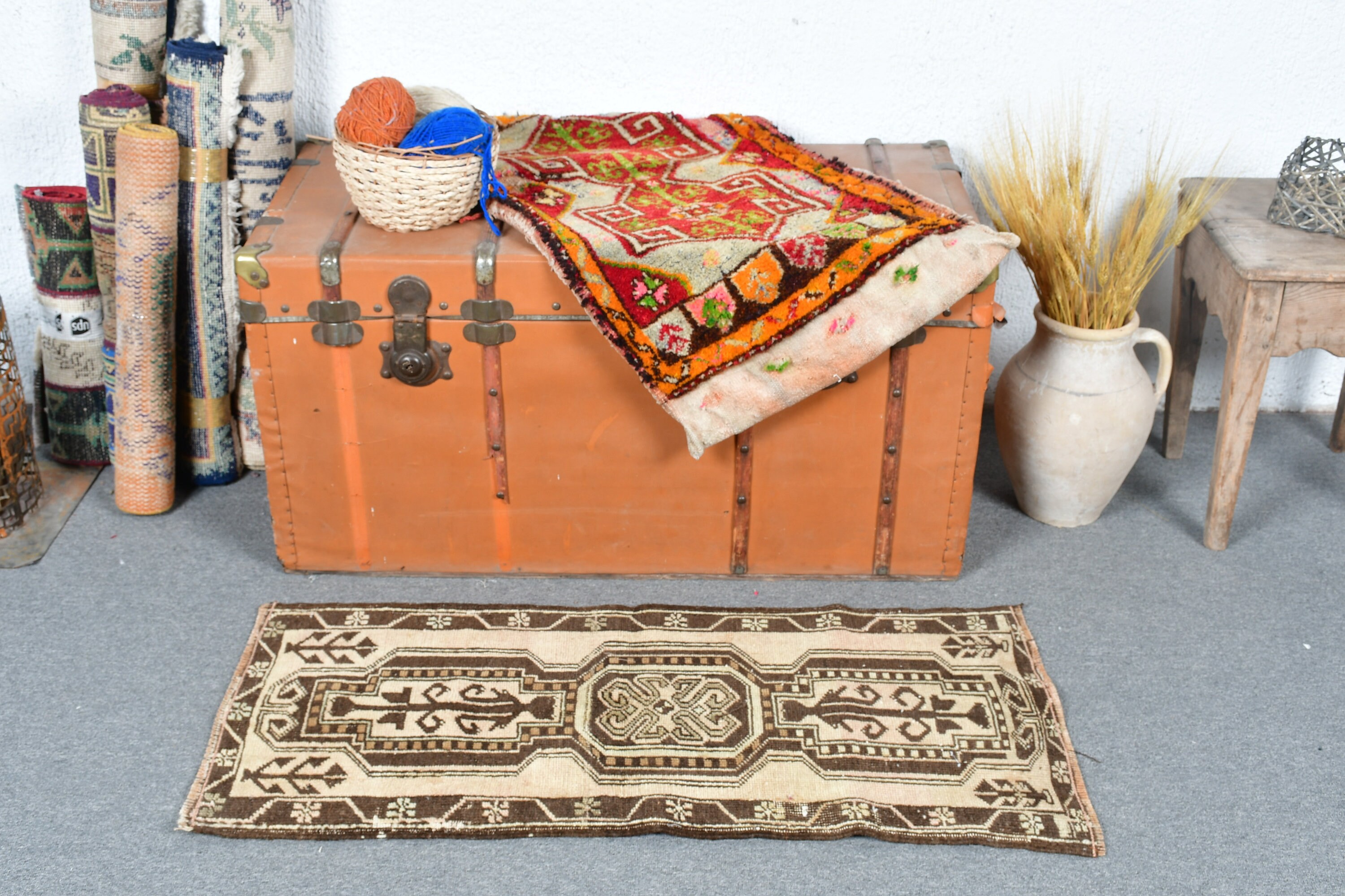 Bedroom Rug, Turkish Rug, Boho Rugs, Rugs for Car Mat, Oushak Rug, Brown Moroccan Rug, Vintage Rugs, Wall Hanging Rug, 1.5x3.4 ft Small Rug