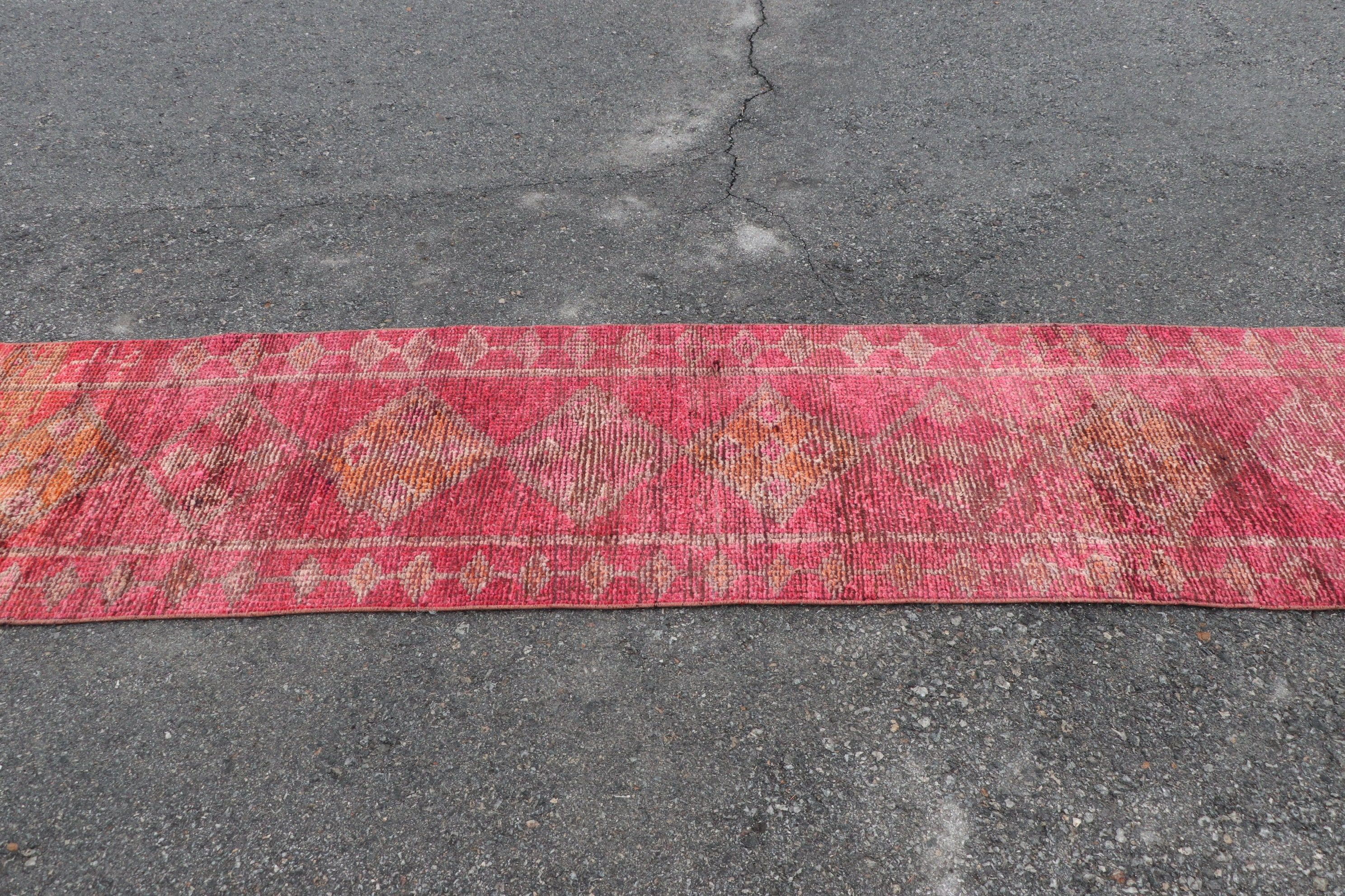 Vintage Rug, Antique Rug, Pink Oriental Rugs, 2.4x12.6 ft Runner Rugs, Stair Rug, Rugs for Kitchen, Corridor Rug, Wool Rug, Turkish Rug