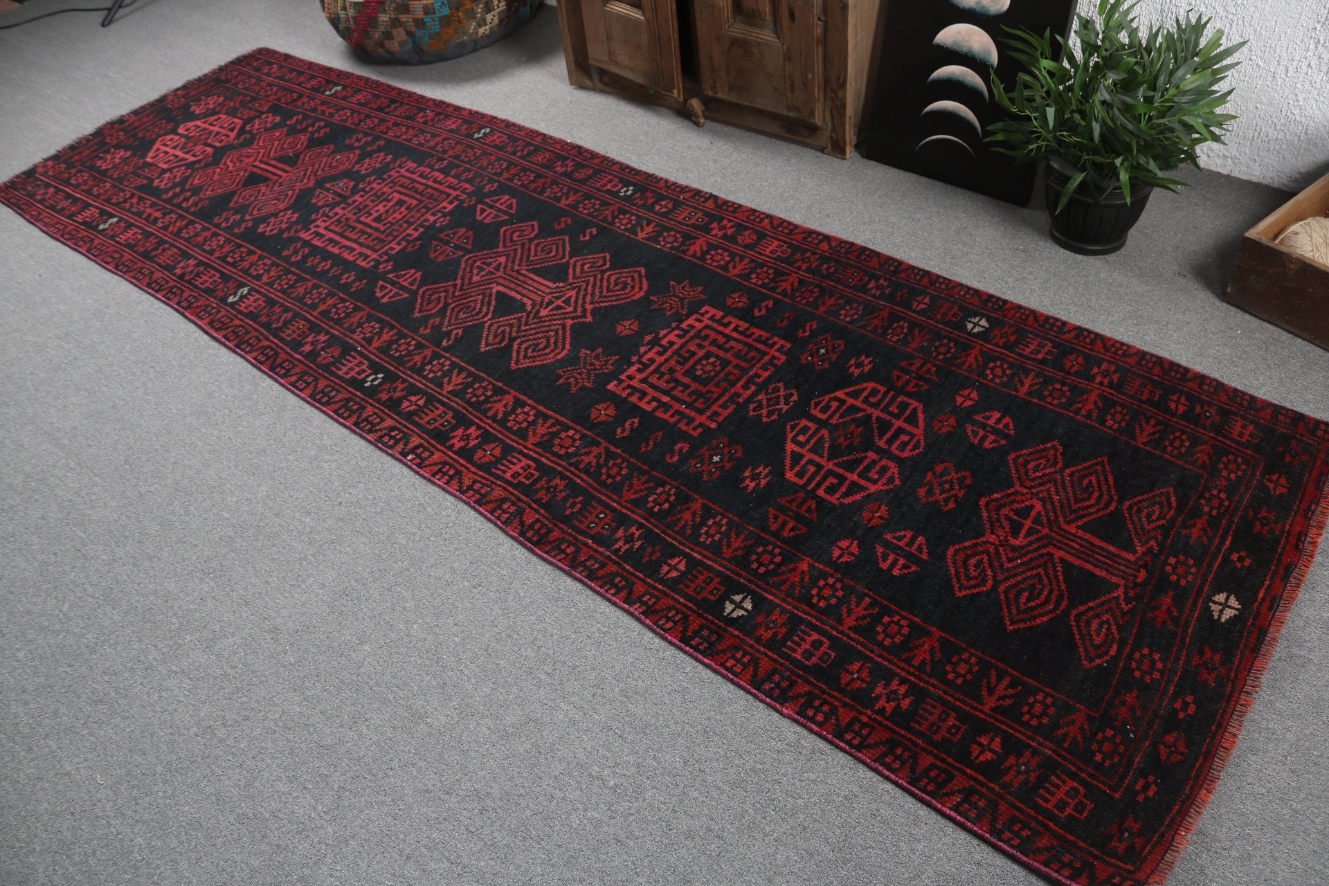 Anatolian Rugs, Hallway Rug, Vintage Rug, Turkish Rugs, Ethnic Rug, 3.1x10.4 ft Runner Rugs, Cool Rugs, Kitchen Rug, Black Wool Rug