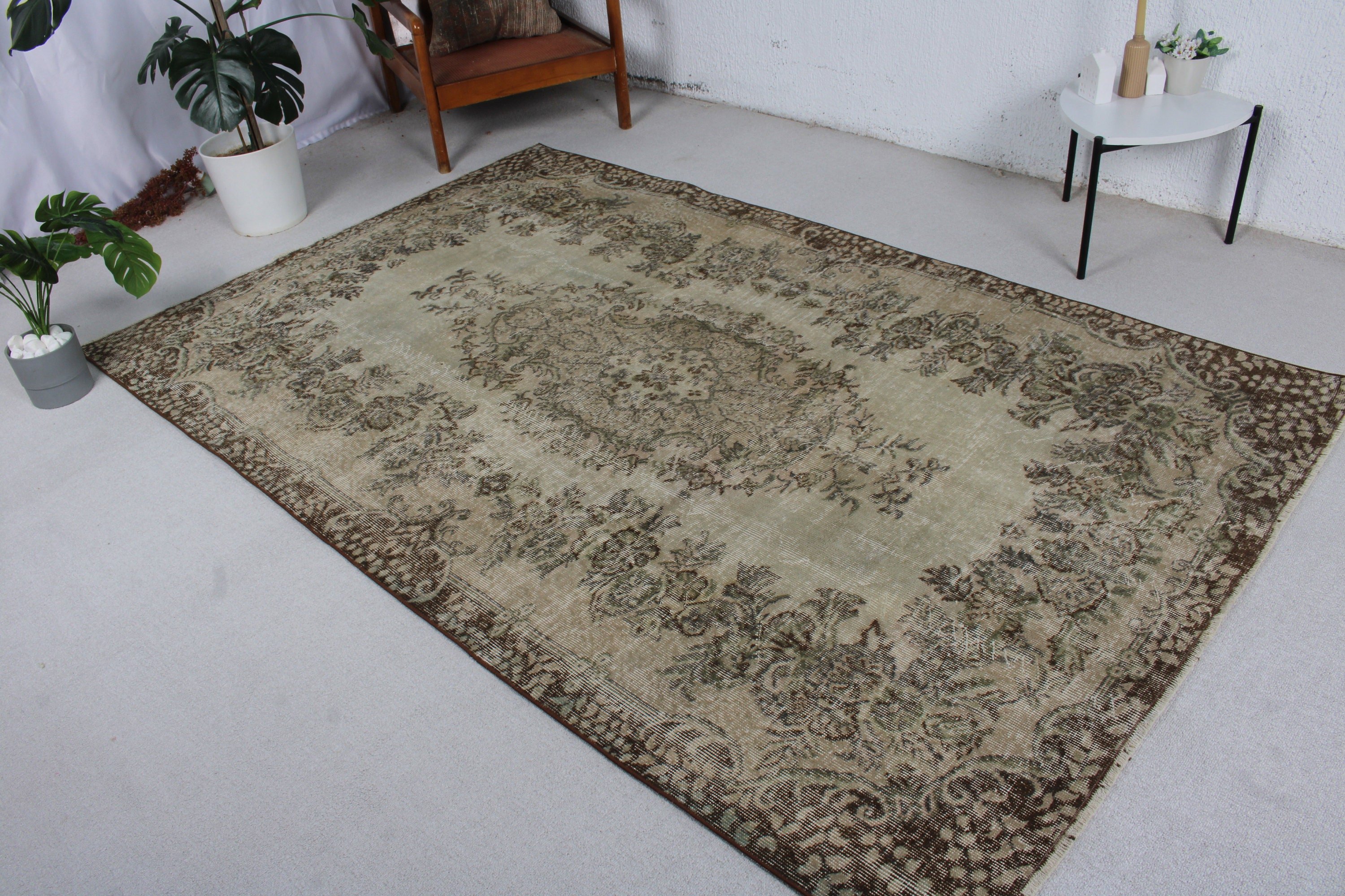 Oushak Halı, Vintage Halılar, Türk Halısı, Salon Halıları, Kahverengi 5.3x8.3 ft Büyük Halı, El Dokuma Halılar, Büyük Oushak Halısı, Havalı Halı