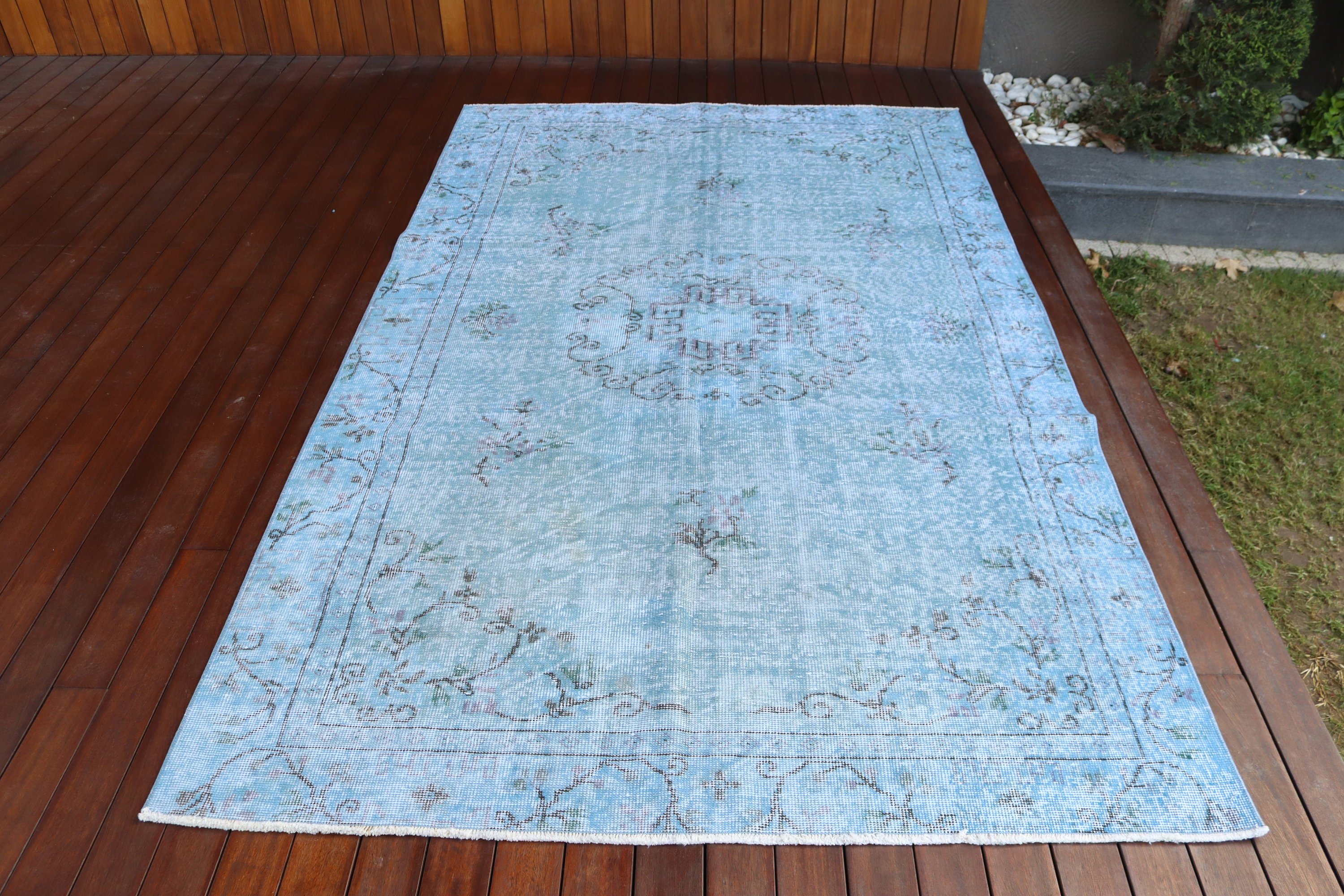 Boho Halı, Türk Halıları, Modern Halı, Mavi Yün Halılar, Vintage Halı, Yemek Odası Halıları, 5.1x8.4 ft Büyük Halı, Büyük Vintage Halılar, Oushak Halı