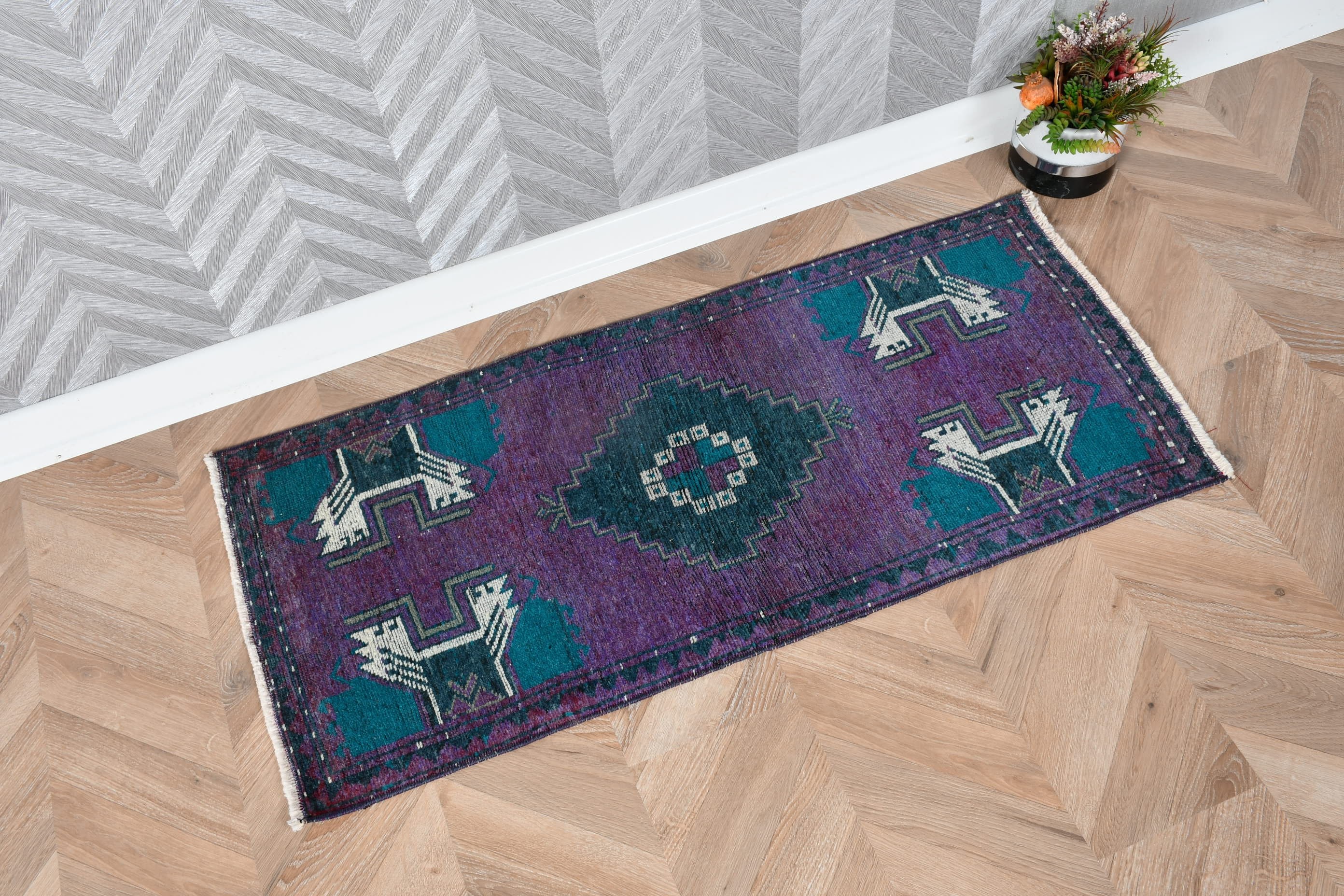 Car Mat Rug, Turkish Rugs, Bedroom Rug, Wool Rug, Vintage Rug, Antique Rug, 1.7x3.7 ft Small Rug, Rugs for Door Mat, Purple Home Decor Rug