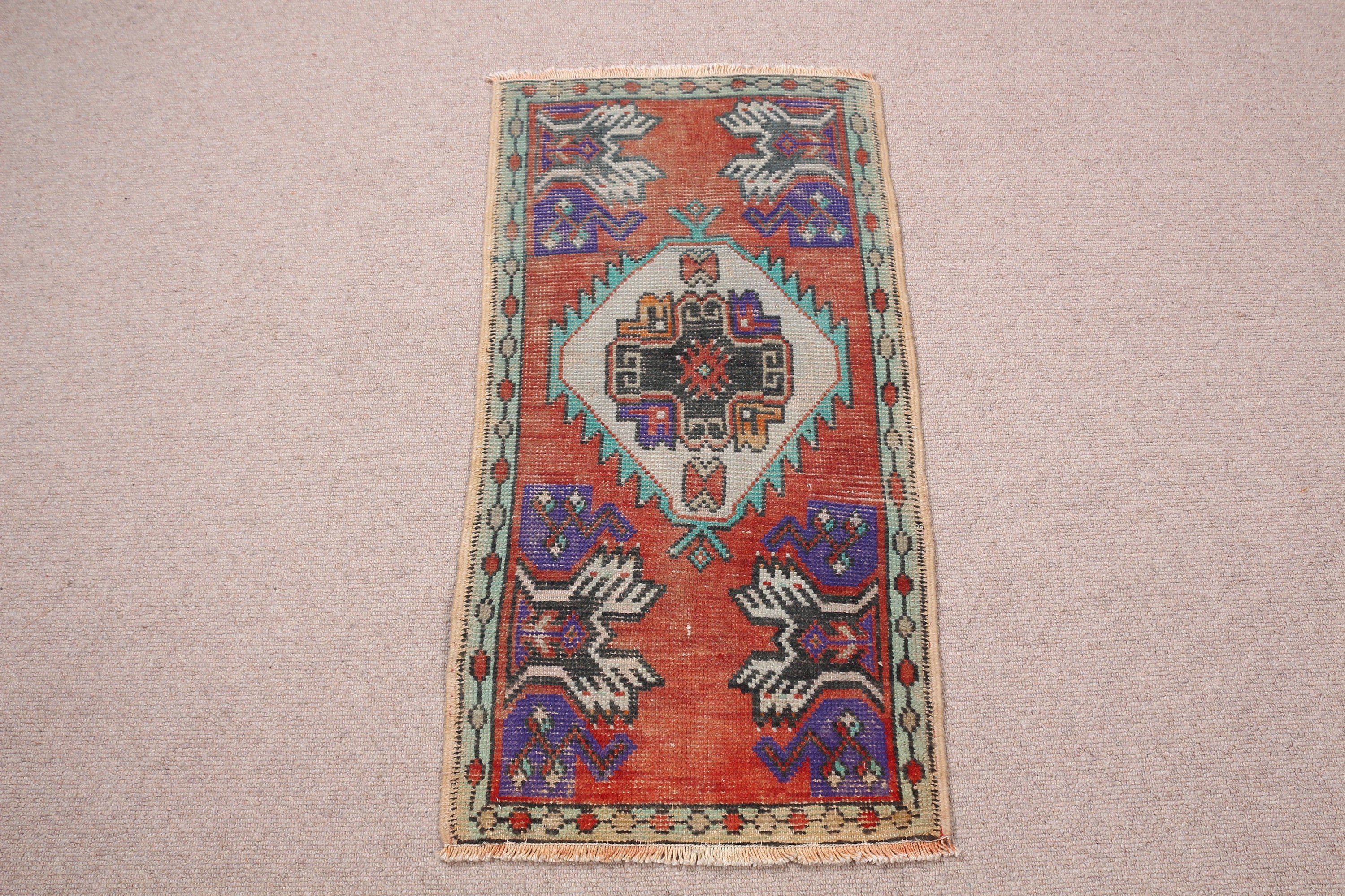 Oushak Rug, Wool Bath Mat Rug, Turkish Rug, Bathroom Rugs, Door Mat Rug, Red  1.5x2.9 ft Small Rug, Vintage Rug