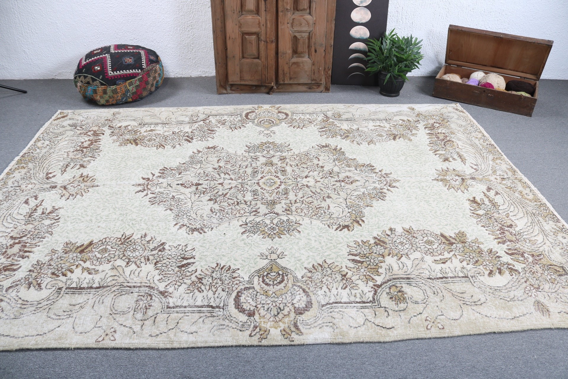 El Dokuma Halılar, Vintage Halı, Büyük Oushak Halılar, Büyük Vintage Halı, 6.8x9.6 ft Büyük Halılar, Türk Halıları, Yatak Odası Halısı, Yeşil Lüks Halı