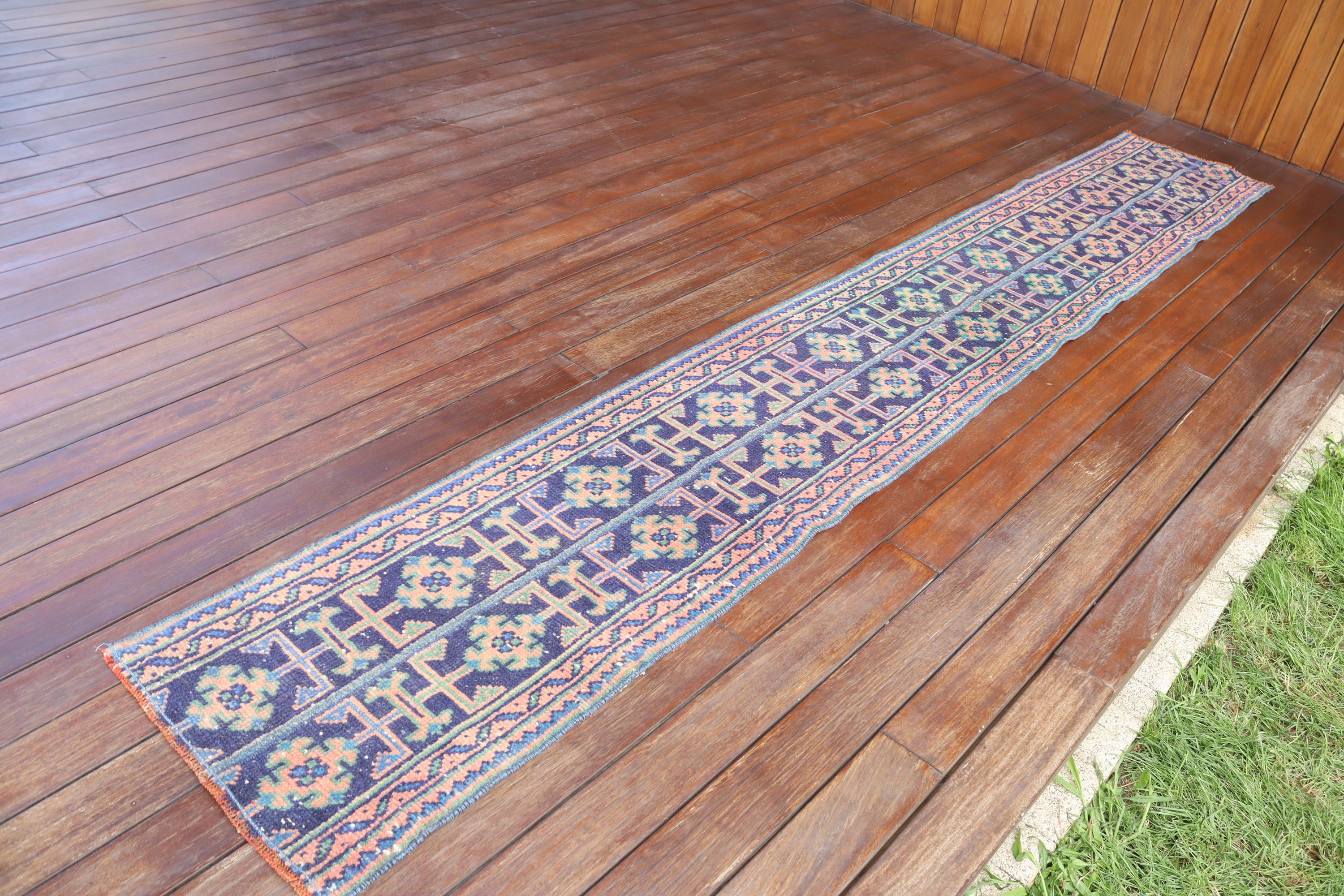 Mavi Oryantal Halı, Vintage Halı, Koridor Halıları, Uzun Koşucu Halıları, 1.4x9.8 ft Koşucu Halısı, Nötr Halılar, Türk Halısı, Düz Dokuma Halılar