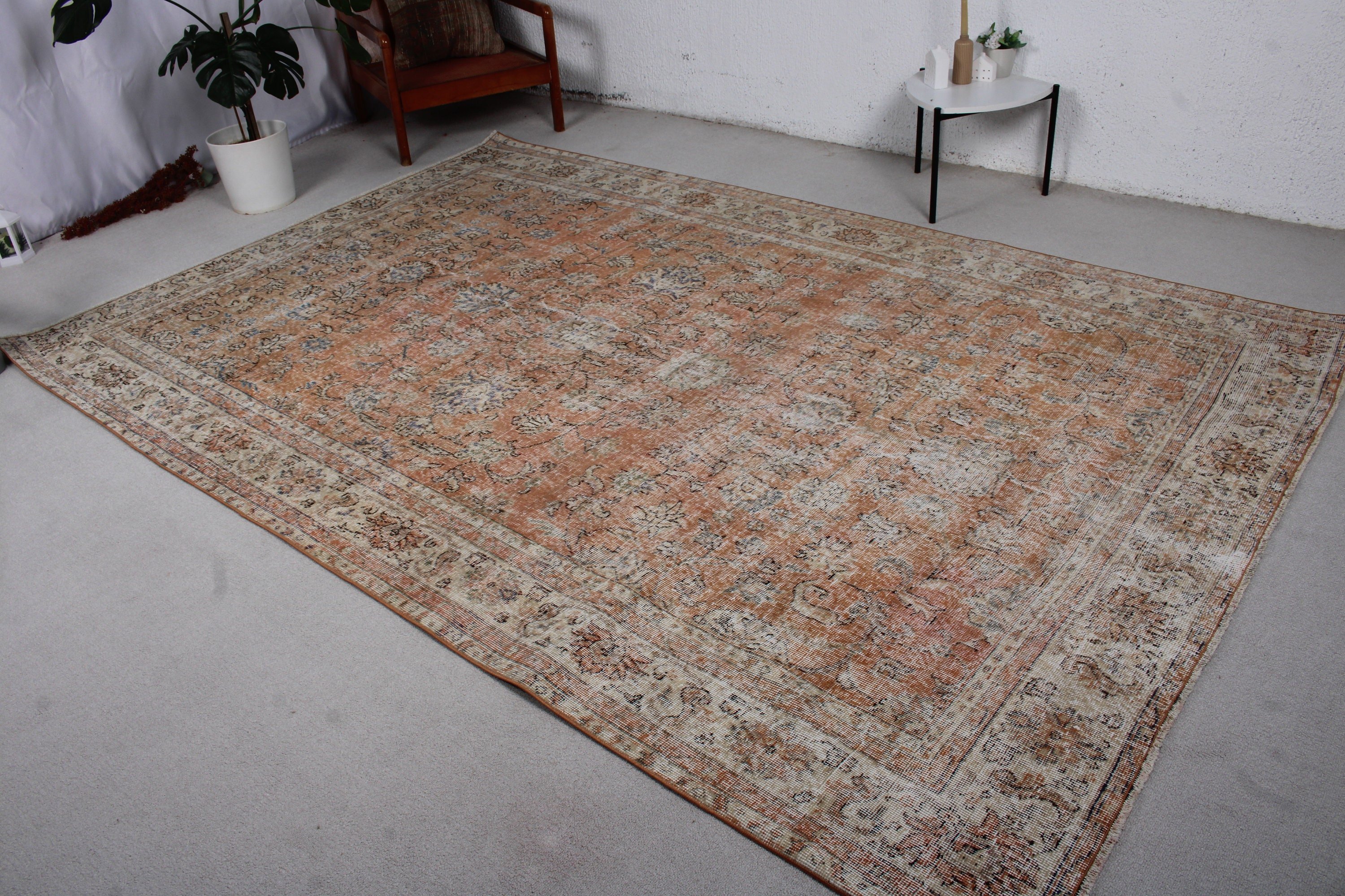 Açıklama Halısı, Büyük Oushak Halıları, Fas Halıları, Oturma Odası Halıları, Türk Halısı, Bej Düz Dokuma Halıları, 6,9x10,1 ft Büyük Halı, Vintage Halılar