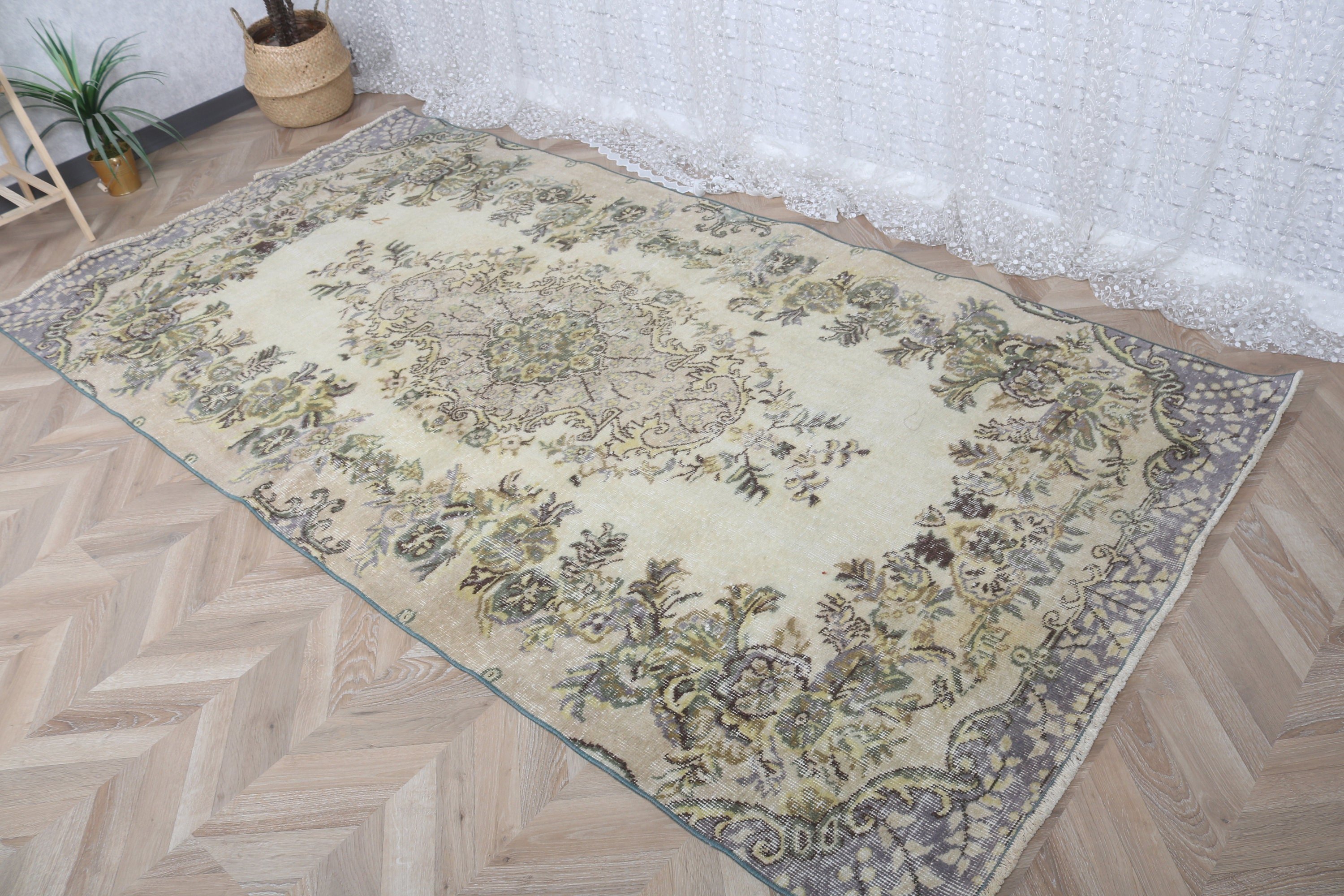 Türk Halısı, Sarı Geometrik Halı, 4.6x9 ft Büyük Halılar, Yün Halılar, Salon Halısı, Oryantal Halı, Yatak Odası Halıları, Vintage Halı, Yatak Odası Halıları