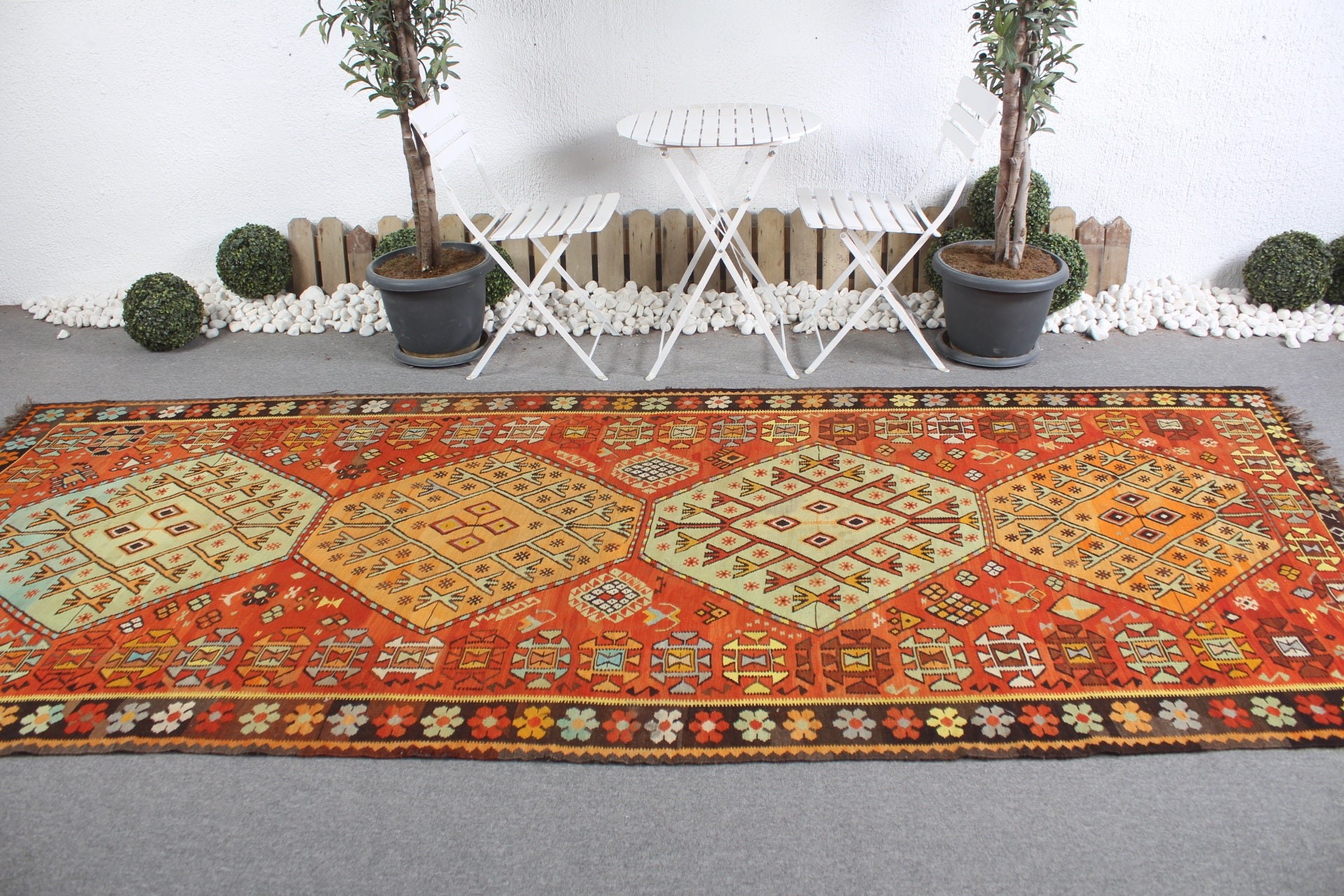 Oryantal Halı, Turuncu 5x12 ft Büyük Halı, Kilim, Yer Halısı, Vintage Halı, Salon Halısı, Eskitilmiş Halılar, Yatak Odası Halısı, Türk Halısı