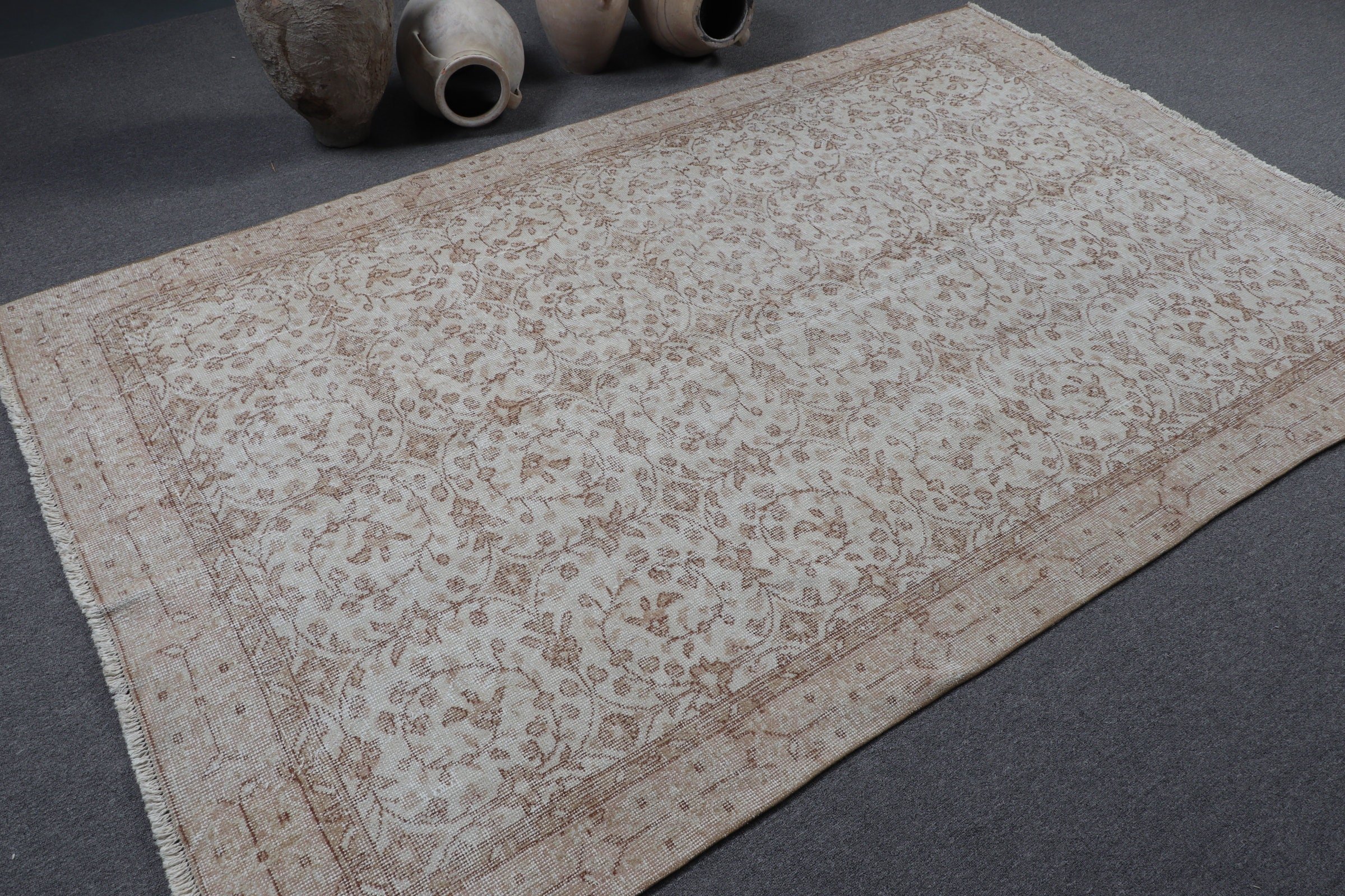 Beige Antique Rugs, Vintage Rug, Kitchen Rug, Salon Rug, Oushak Rugs, Pale Rug, Turkish Rug, 5.2x8.4 ft Large Rugs, Dining Room Rug