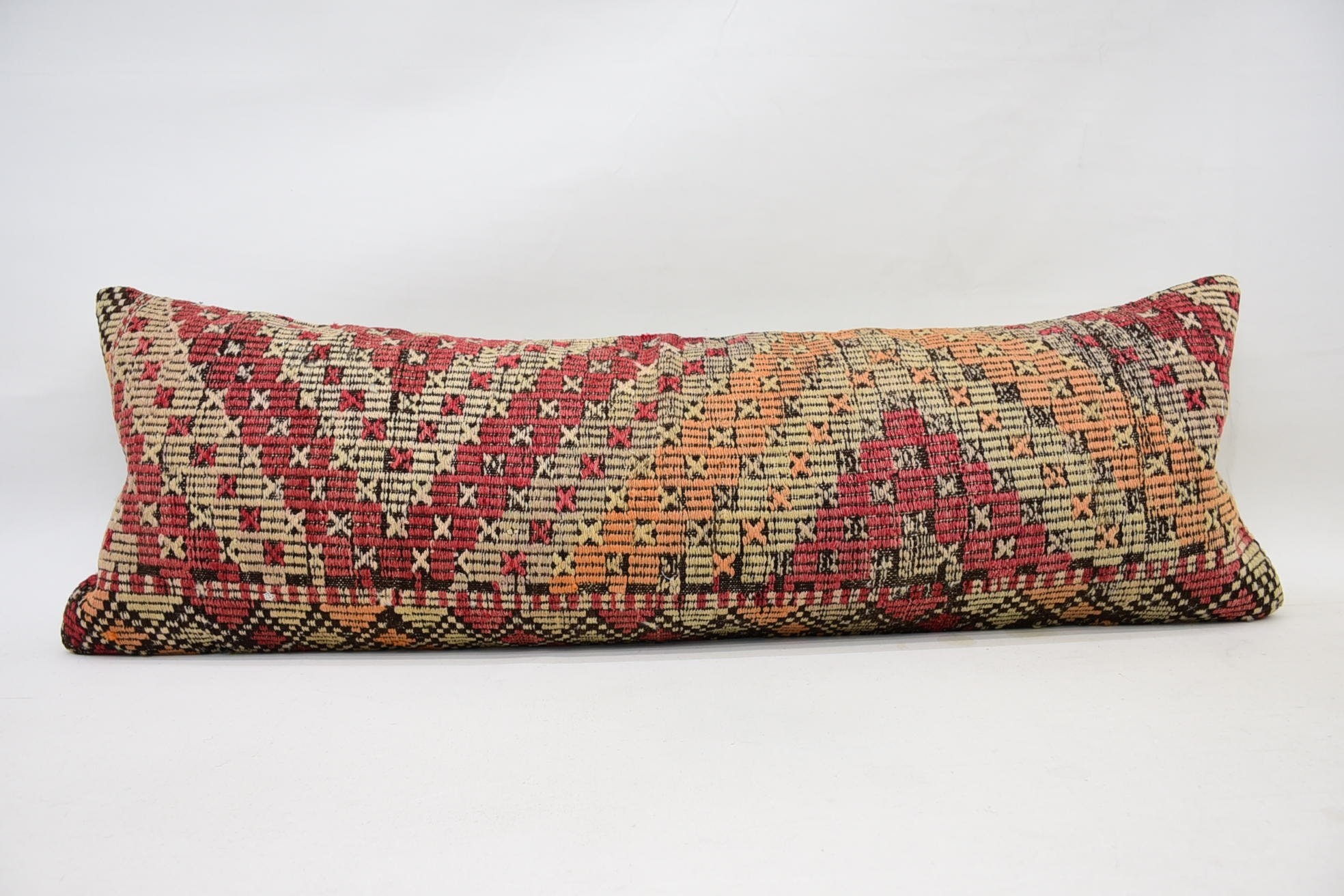 Nötr Yastık, İç Tasarım Yastık, Vintage Kilim Kırlent, Antika Yastıklar, 16"x48" Kırmızı Minder Kılıfı
