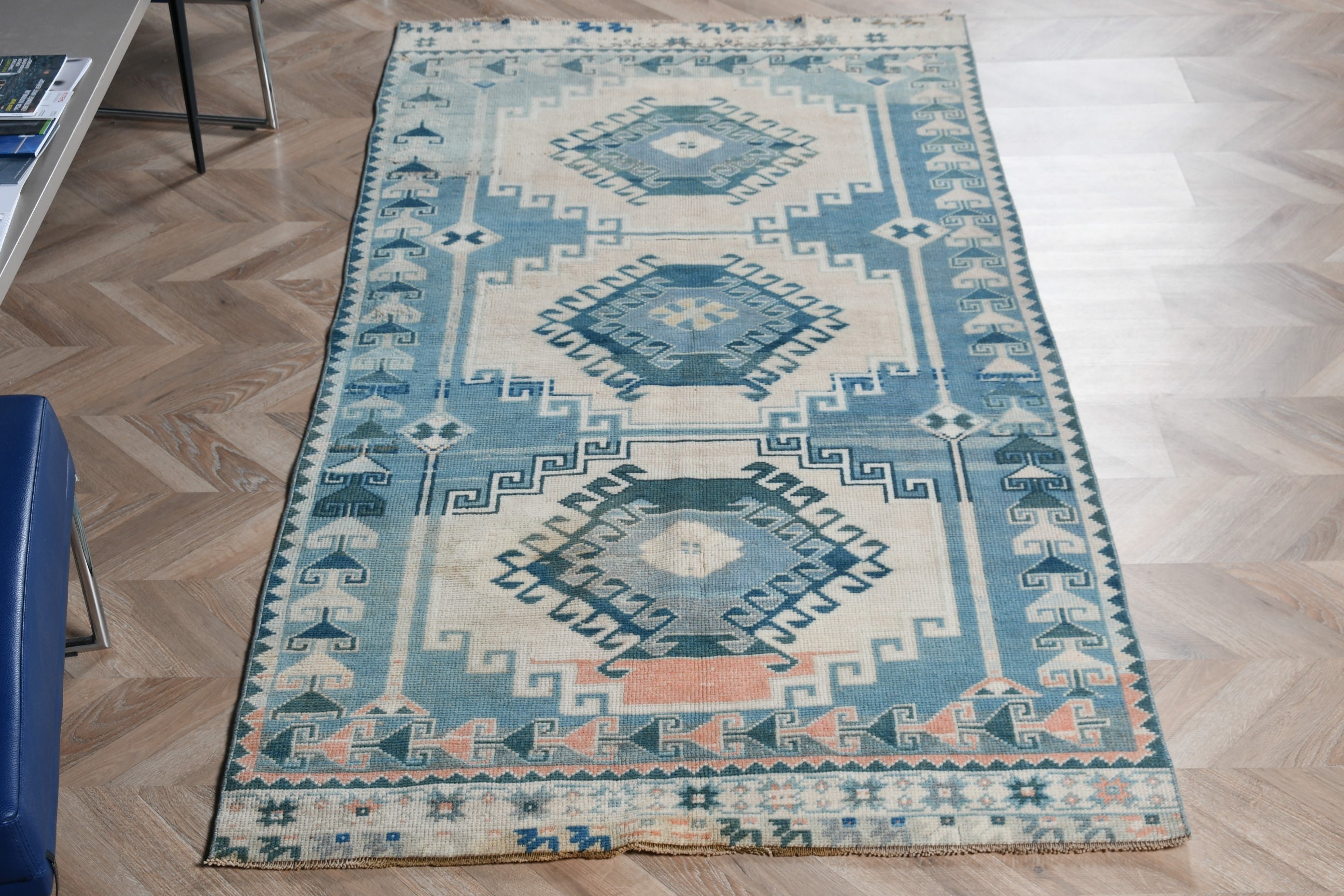 Yatak Odası Halıları, 3,7x7,3 ft Alan Halısı, Çocuk Halısı, Sanat Halısı, Mavi Zemin Halısı, Türk Halıları, Oryantal Halı, Özel Halı, Vintage Halı