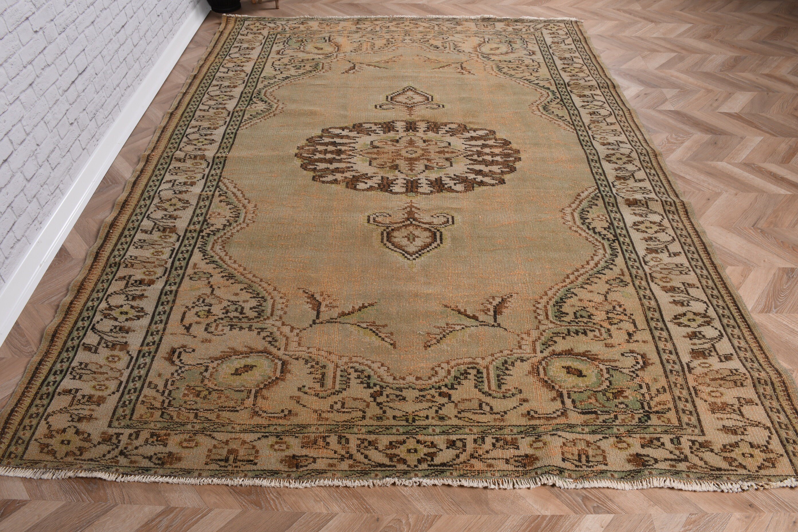 El Dokuma Halı, Yeşil Boho Halı, Vintage Halılar, Büyük Vintage Halılar, 6.3x8.4 ft Büyük Halı, Türk Halıları, Oturma Odası Halıları, Nötr Halı