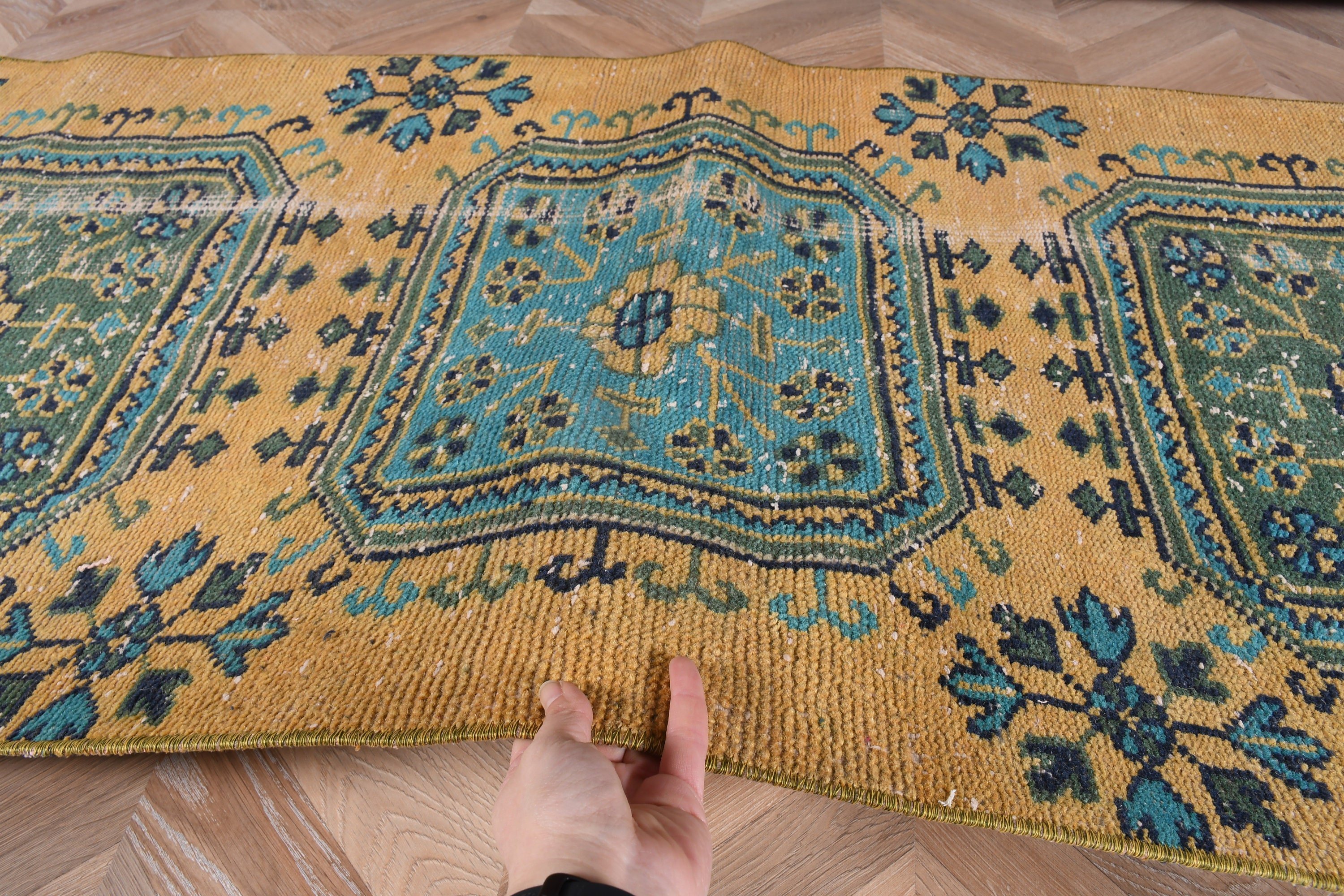 Sarı Oushak Halı, 2.5x10.9 ft Yolluk Halısı, Mutfak Halıları, Türk Halıları, Oryantal Halı, Mutfak Halıları, Vintage Halı, Parlak Halı, Koridor Halısı