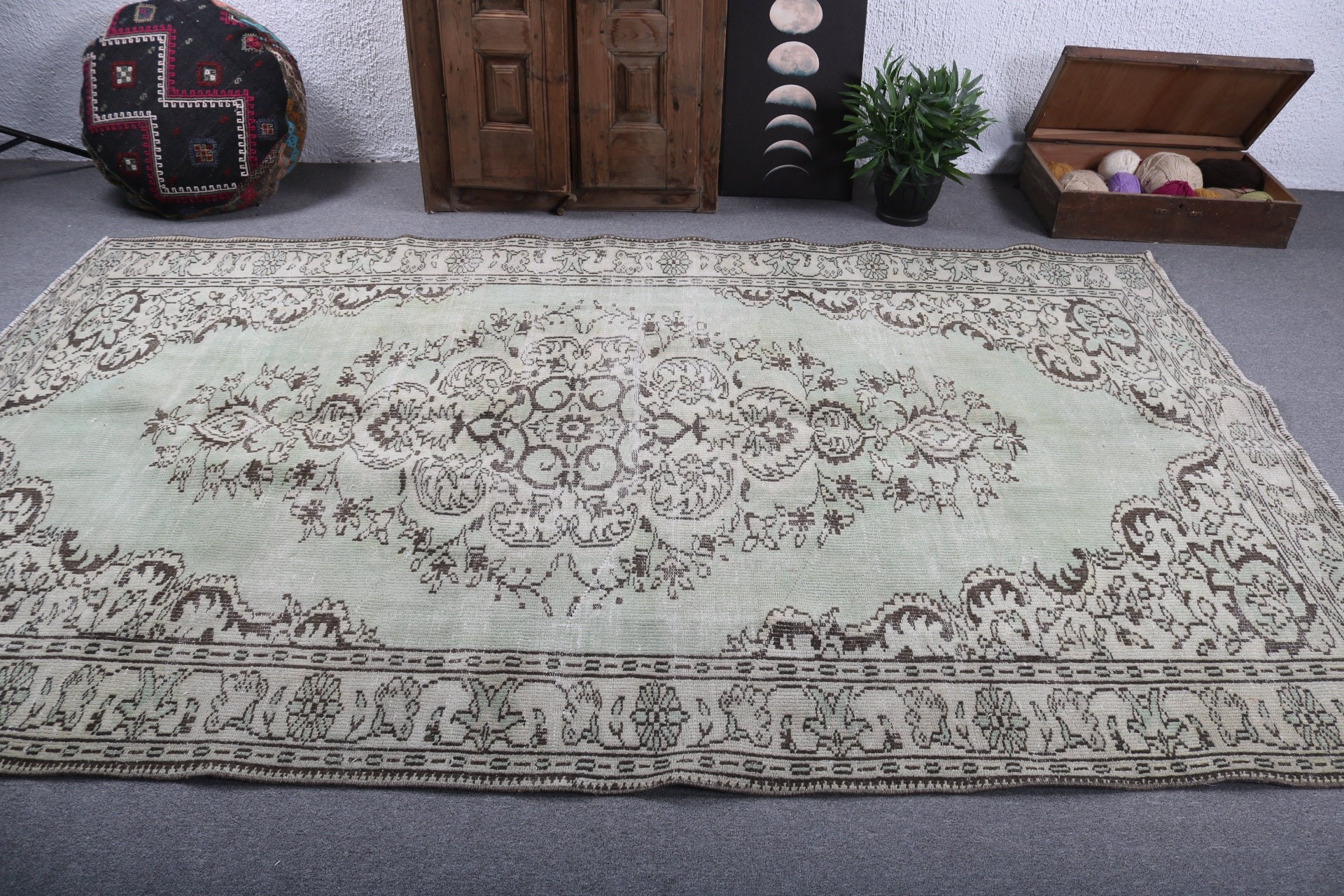 Oturma Odası Halısı, Büyük Vintage Halı, Türk Halısı, Boho Halısı, Anadolu Halıları, Yeşil Açıklama Halıları, 6x9.8 ft Büyük Halı, Vintage Halı, Aztek Halısı