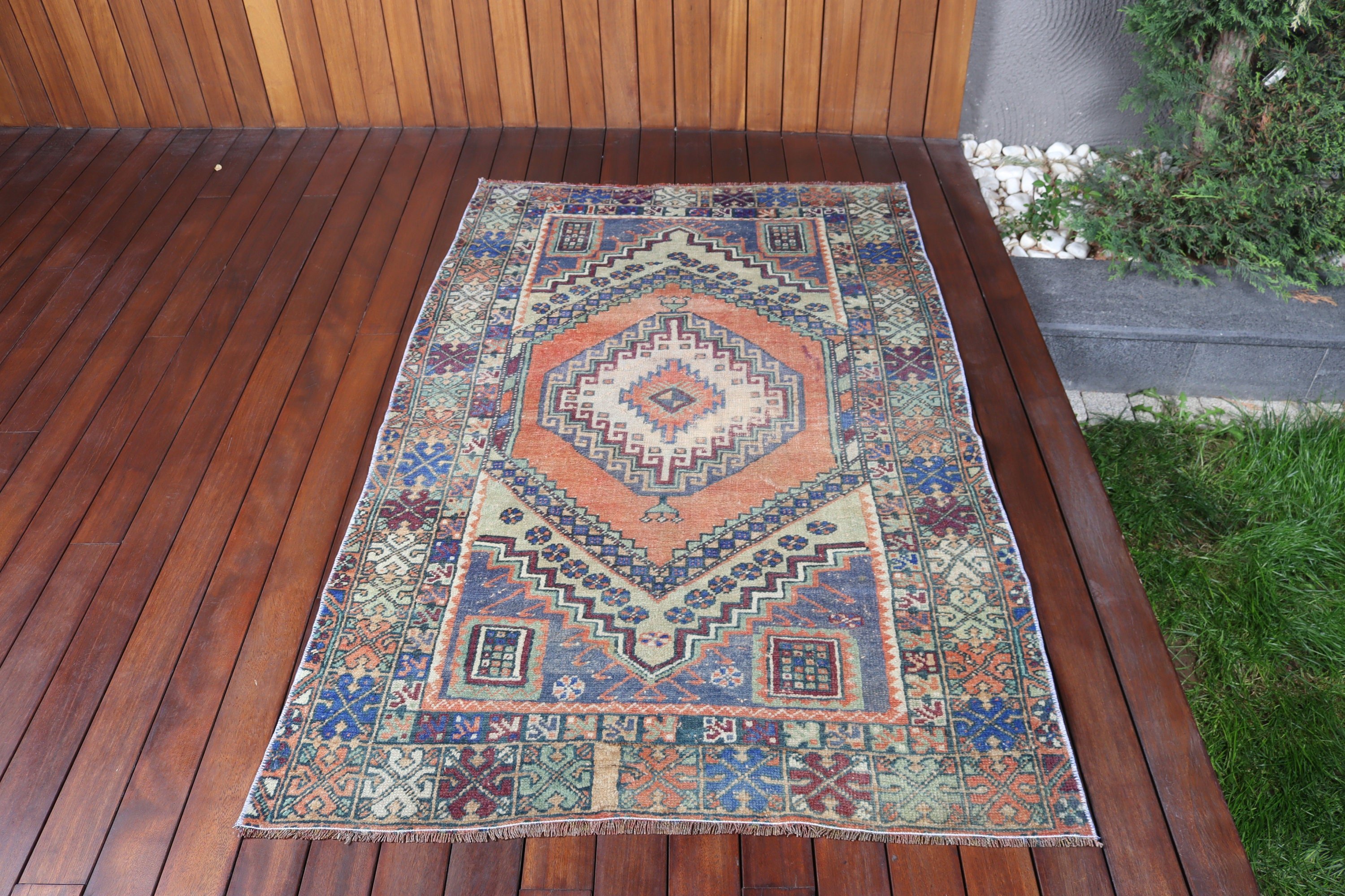 Yer Halısı, Yün Halılar, Türk Halıları, 3,6x5,7 ft Vurgulu Halılar, Boho Vurgulu Halı, Giriş Halıları, Turuncu Geometrik Halılar, Vintage Halı, Açıklama Halıları