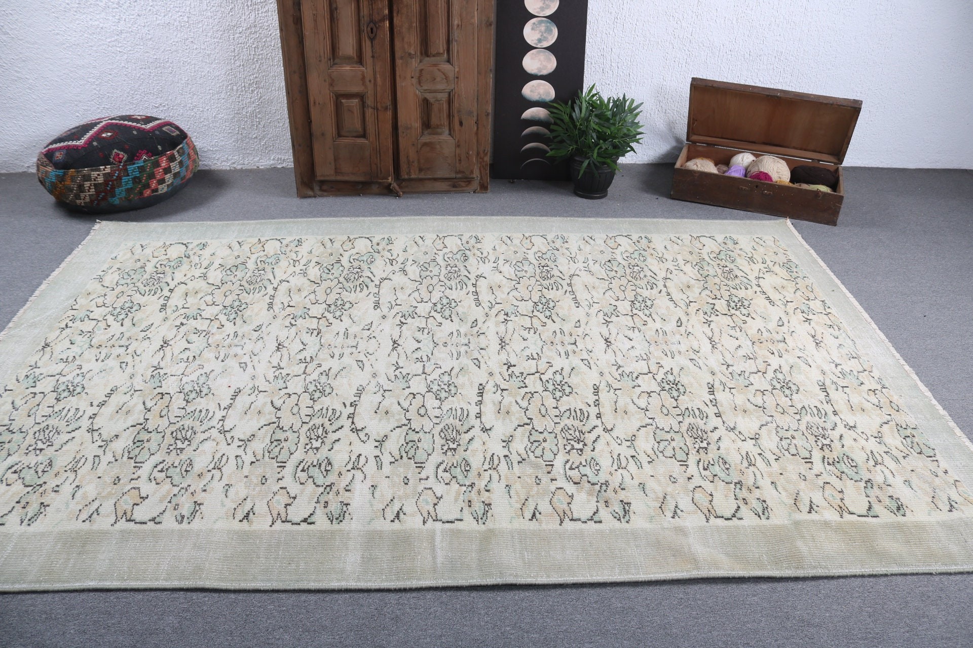 Floor Rug, Vintage Rug, Turkish Rug, Moroccan Rugs, 6.4x9.5 ft Large Rug, Salon Rugs, Green Statement Rug, Luxury Rug, Large Boho Rugs