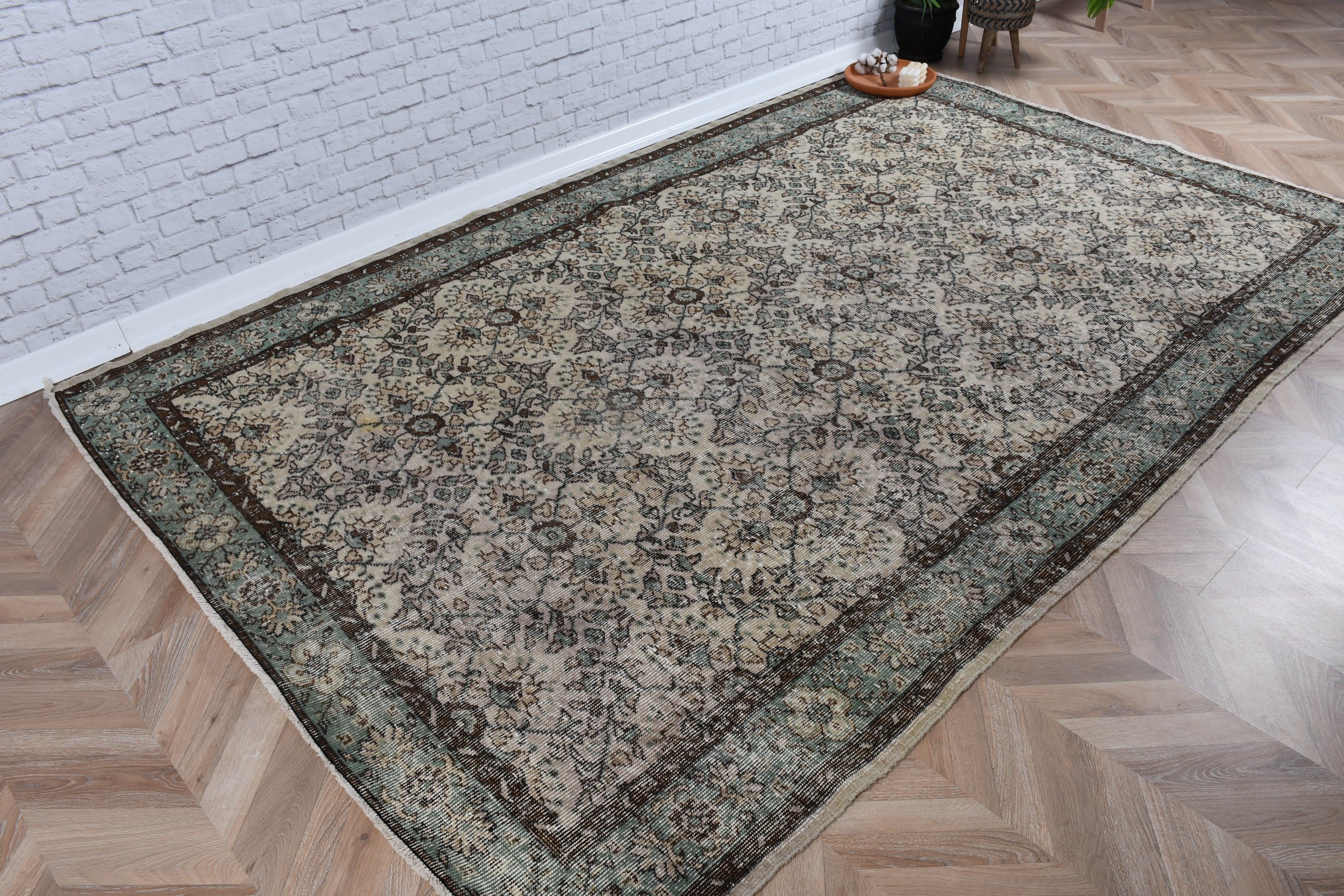 Yeşil Yün Halı, Vintage Halılar, Geometrik Halı, Türkiye Halısı, Türk Halıları, Fas Halısı, Yatak Odası Halıları, 6x9.4 ft Büyük Halı, Oturma Odası Halısı