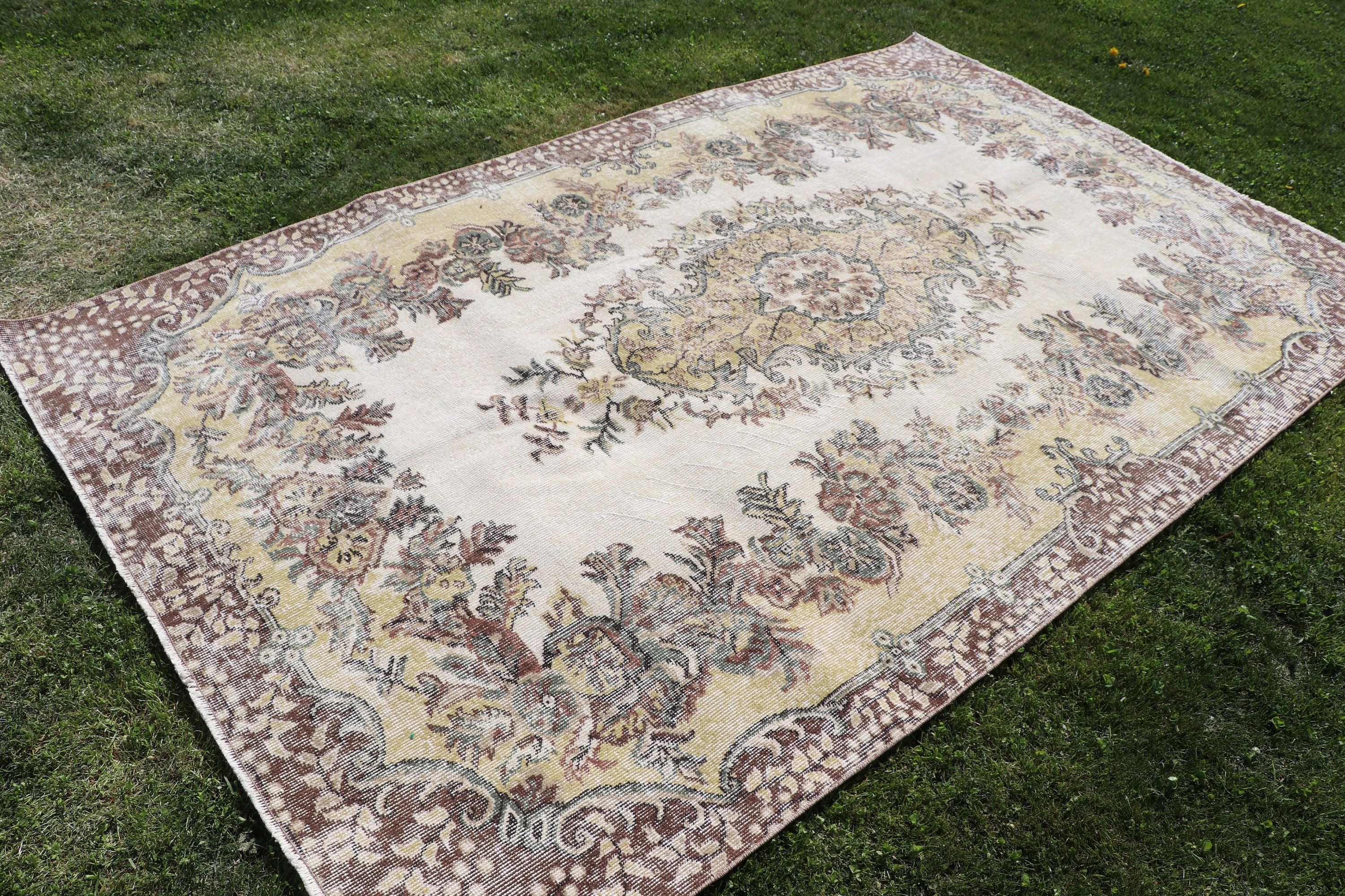 Oushak Halıları, 5.5x8.8 ft Büyük Halı, Vintage Halı, Türk Halıları, Egzotik Halılar, Salon Halısı, Bej Anadolu Halısı, Geometrik Halılar, Yemek Odası Halısı