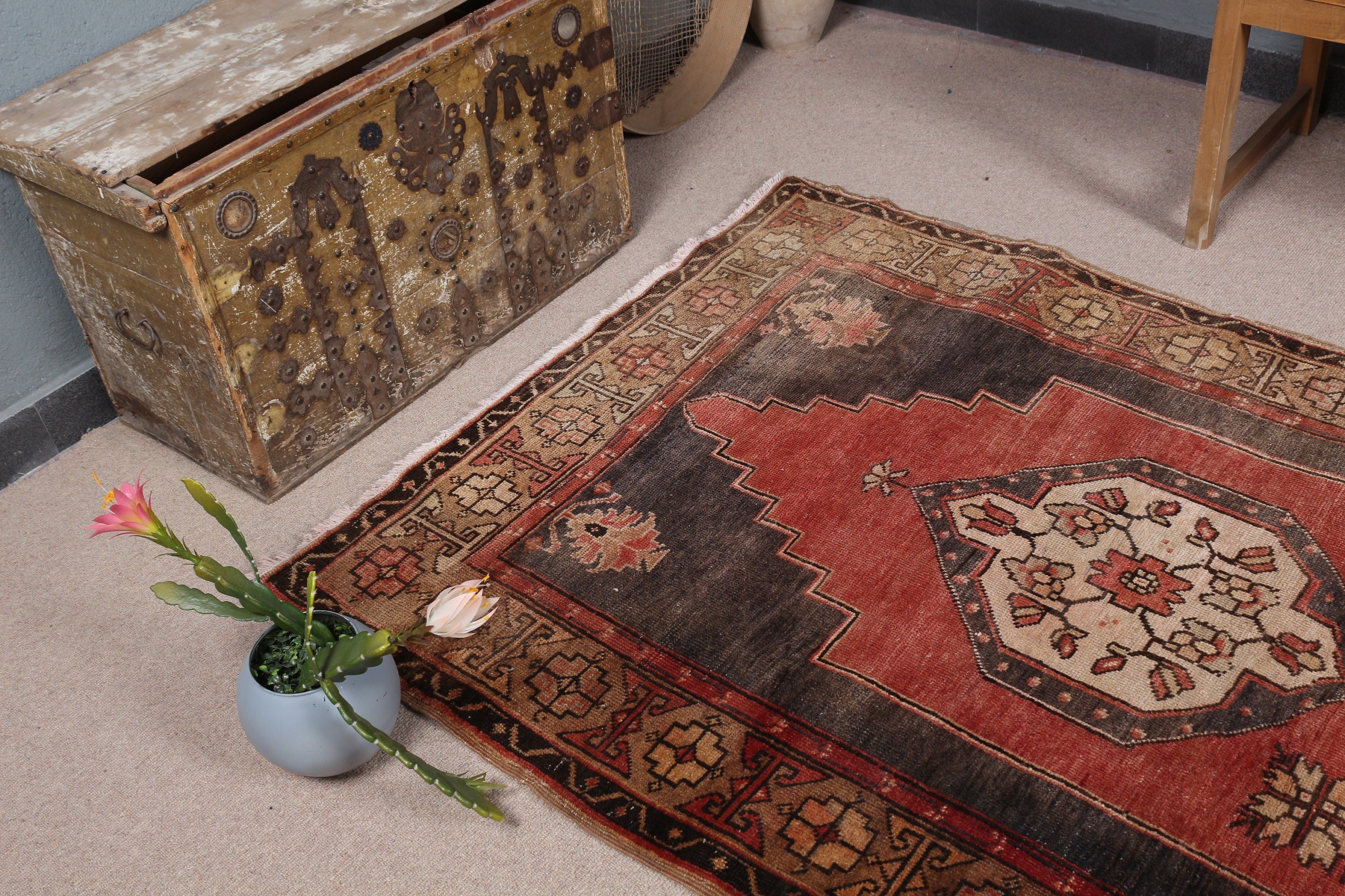 Vintage Rug, Bedroom Rug, 4.1x8 ft Area Rugs, Turkish Rug, Rugs for Floor, Red Antique Rug, Dining Room Rug, Wool Rugs