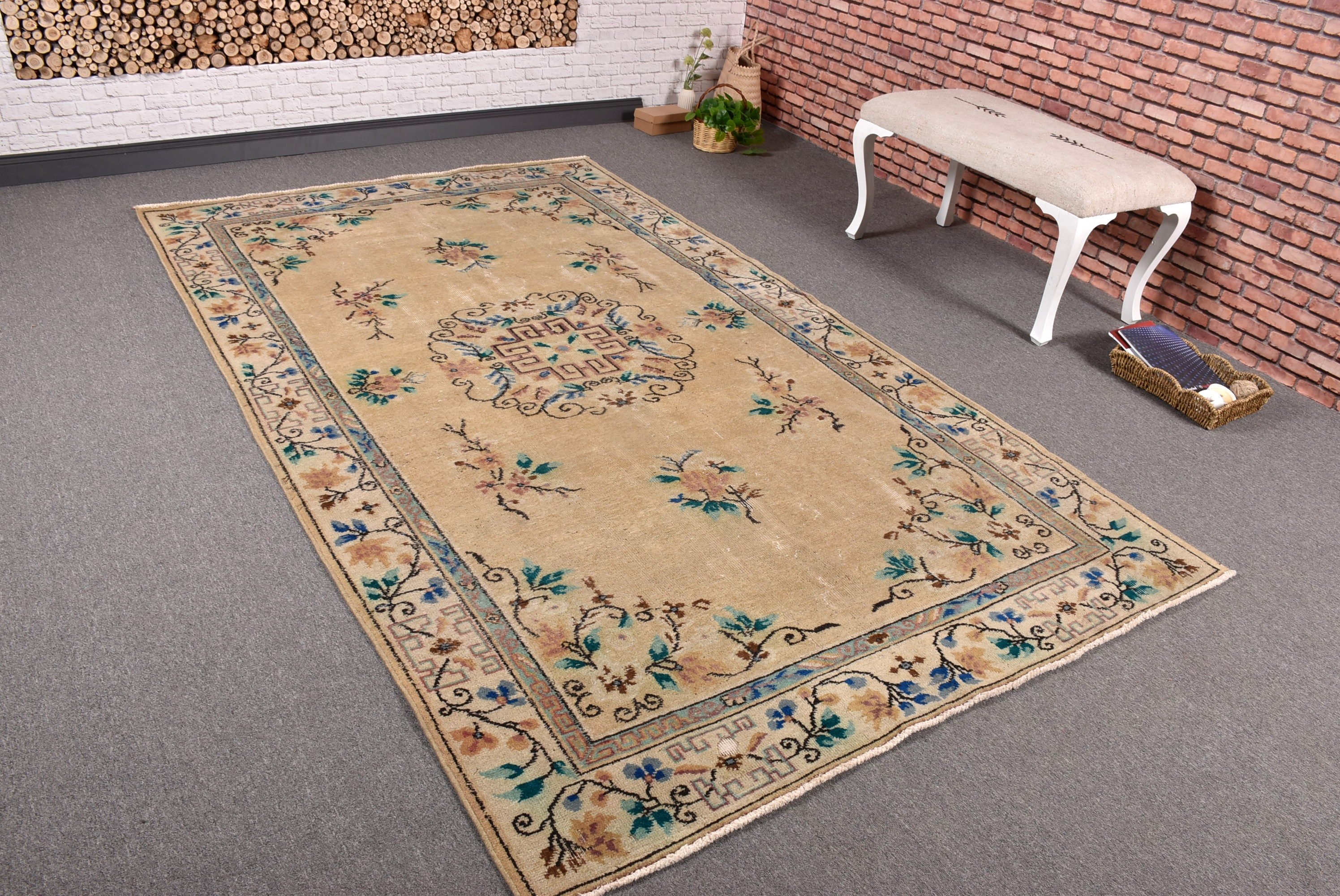 Düz Dokuma Halı, Vintage Halı, Büyük Boho Halı, Lüks Halılar, Türk Halısı, Yemek Odası Halıları, Bej 5.2x8.9 ft Büyük Halılar