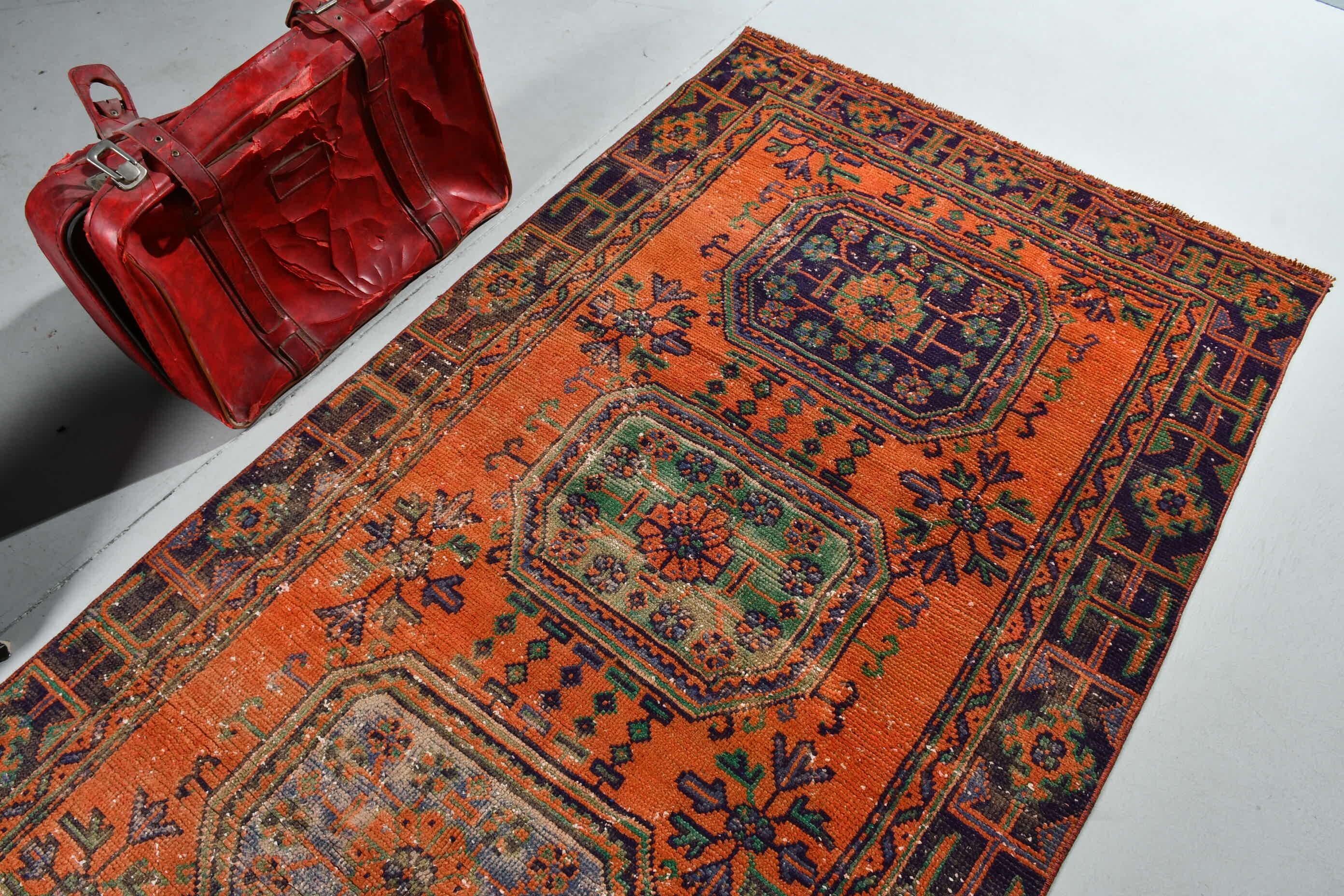 Stair Rug, Vintage Rug, Turkish Rugs, 4x10.4 ft Runner Rug, Orange Floor Rugs, Oriental Rug, Corridor Rugs, Rugs for Runner, Wool Rugs