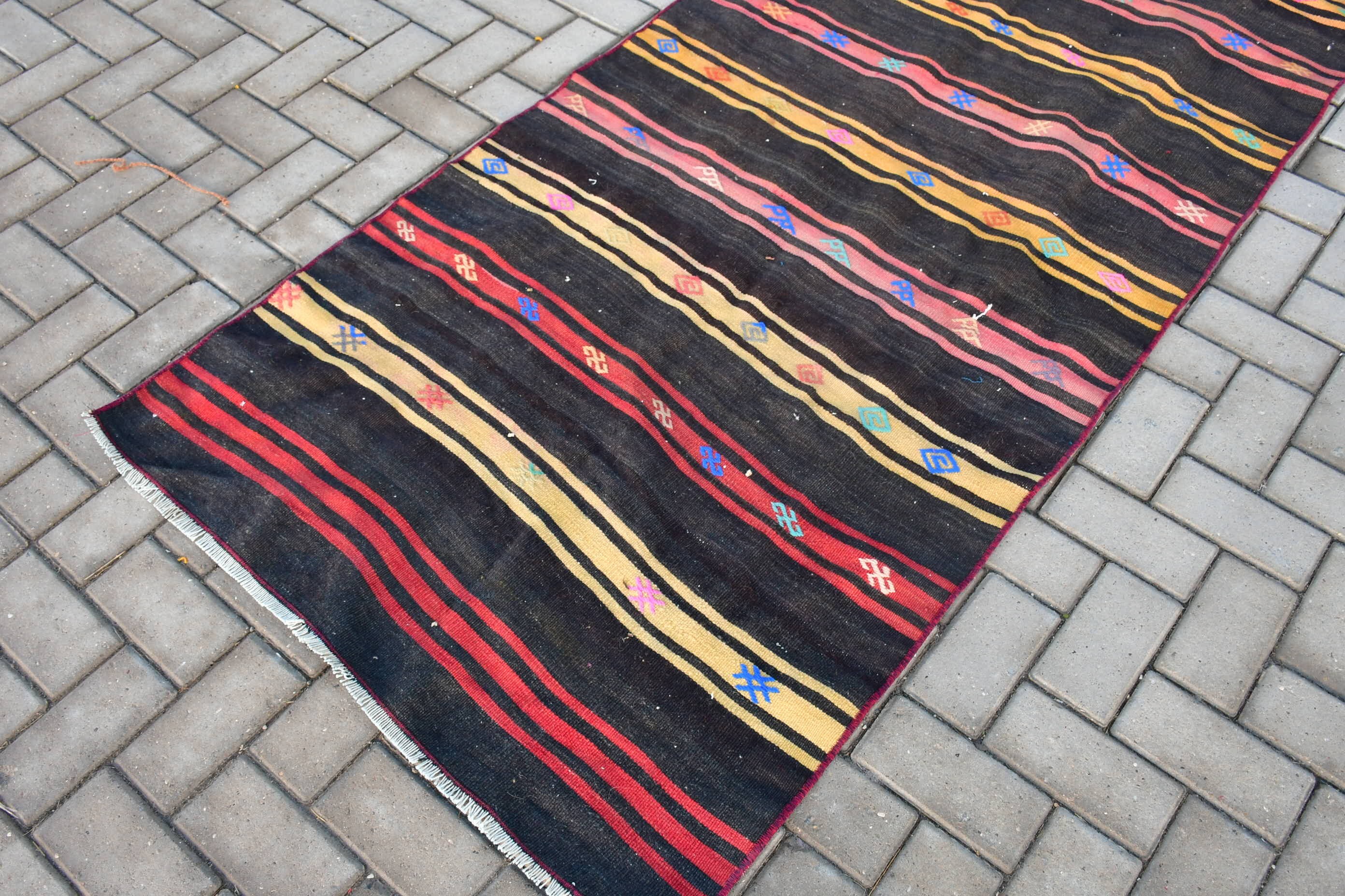 Bedroom Rug, Stair Rug, 3.3x11.3 ft Runner Rug, Cool Rug, Black Floor Rug, Kilim, Rugs for Stair, Corridor Rug, Turkish Rug, Vintage Rug