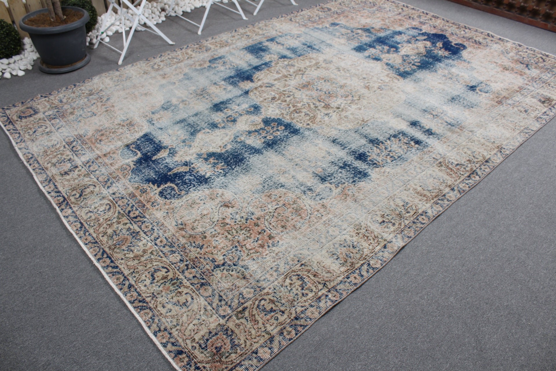 Vintage Rug, Wool Rugs, Turkish Rugs, Blue Bedroom Rug, Custom Rug, Saloon Rug, Dining Room Rugs, Anatolian Rug, 6.8x10.6 ft Oversize Rug