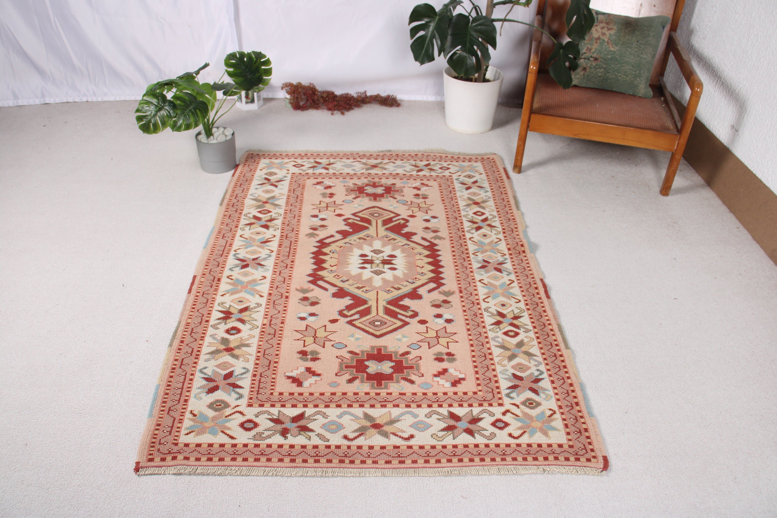 Çocuk Odası Halıları, Geometrik Halı, Boho Halı, Pembe Oryantal Halı, Dekoratif Halılar, Türk Halısı, 3,8x5,4 ft Vurgulu Halılar, Vintage Halılar