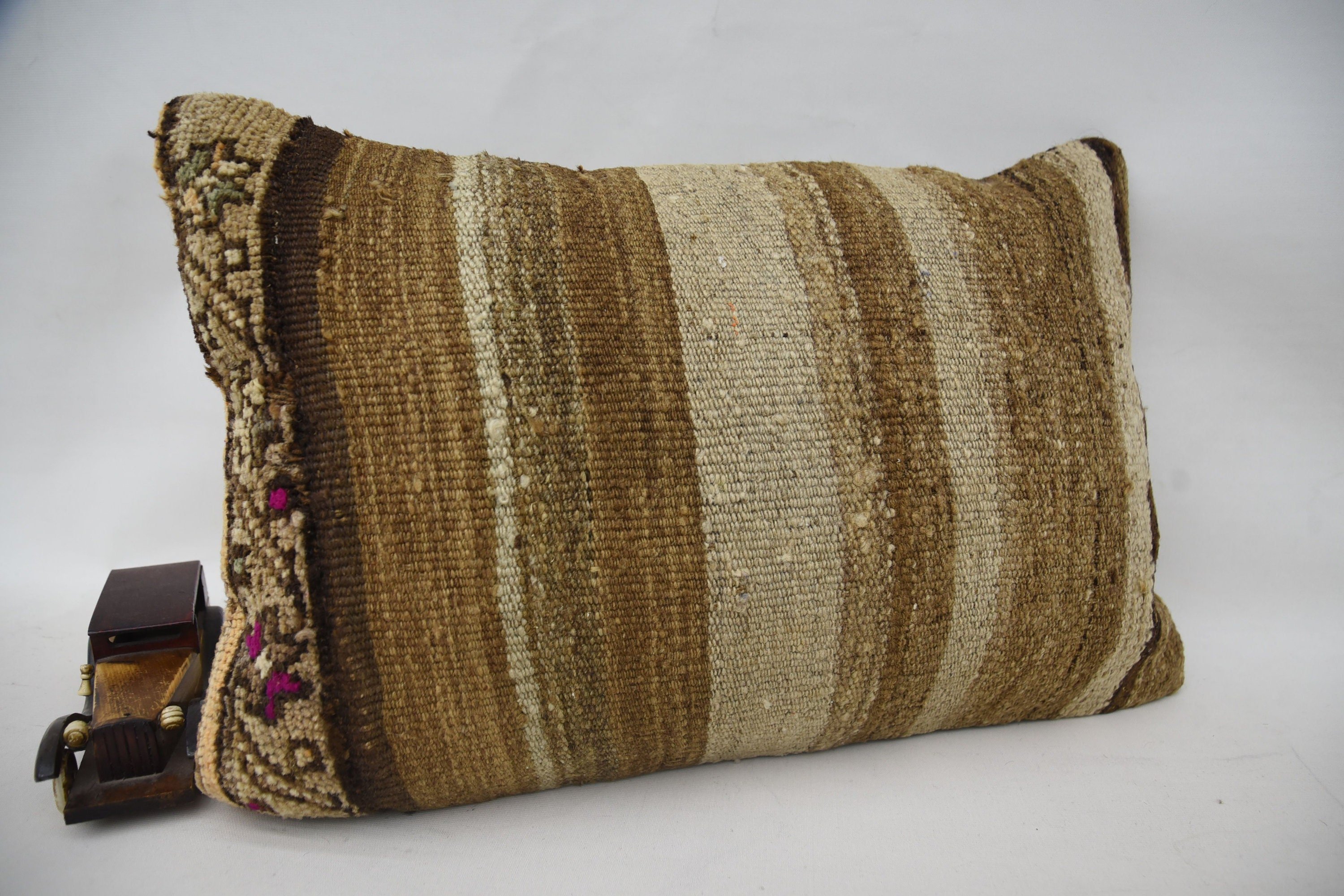 Boho Pillow, Handmade Kilim Cushion, Home Decor Pillow, 16"x24" Brown Cushion, Kilim Rug Pillow Cover, Wool Kilim Pillow Pillow Cover